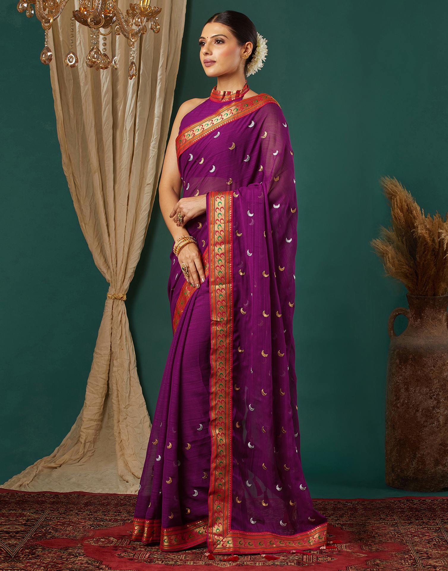 Dark Purple Georgette Embroidery Saree