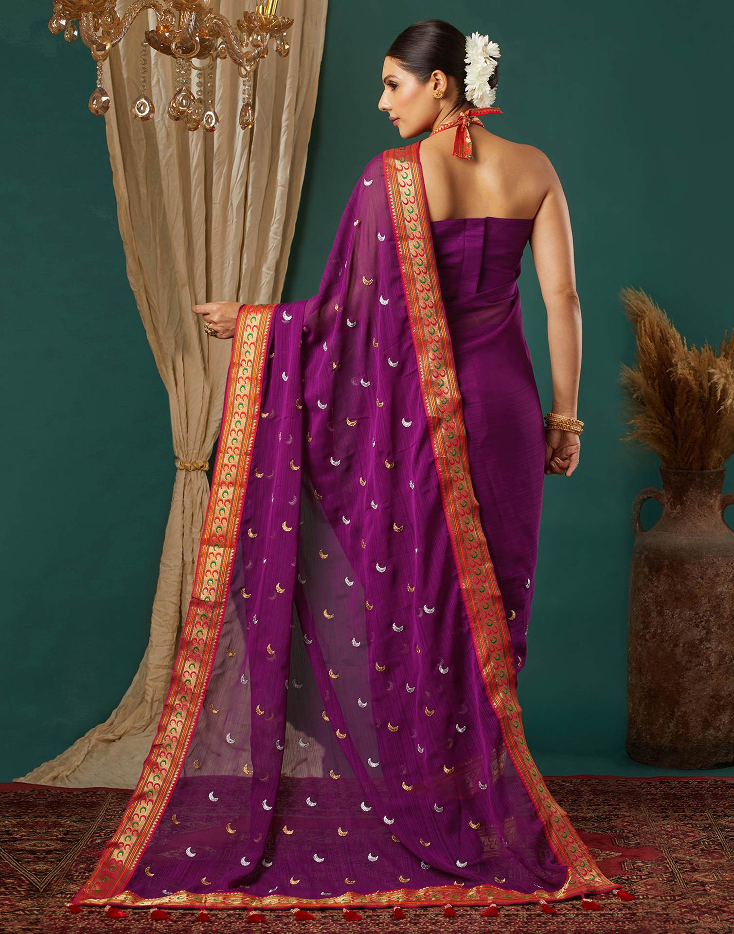 Dark Purple Georgette Embroidery Saree