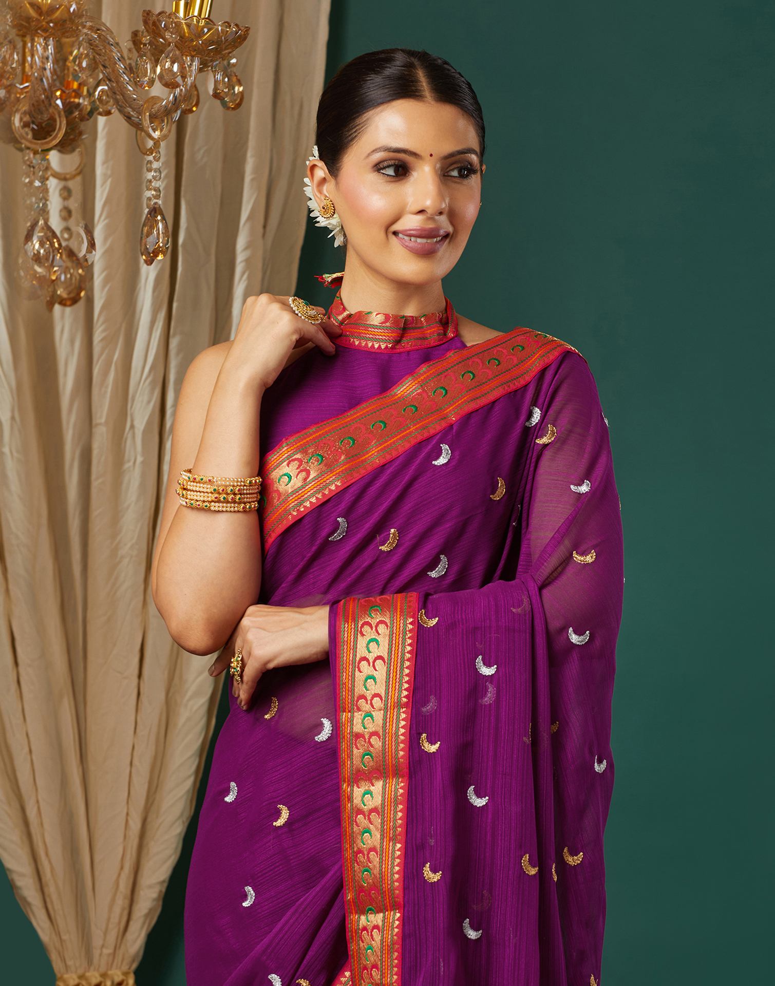 Dark Purple Georgette Embroidery Saree