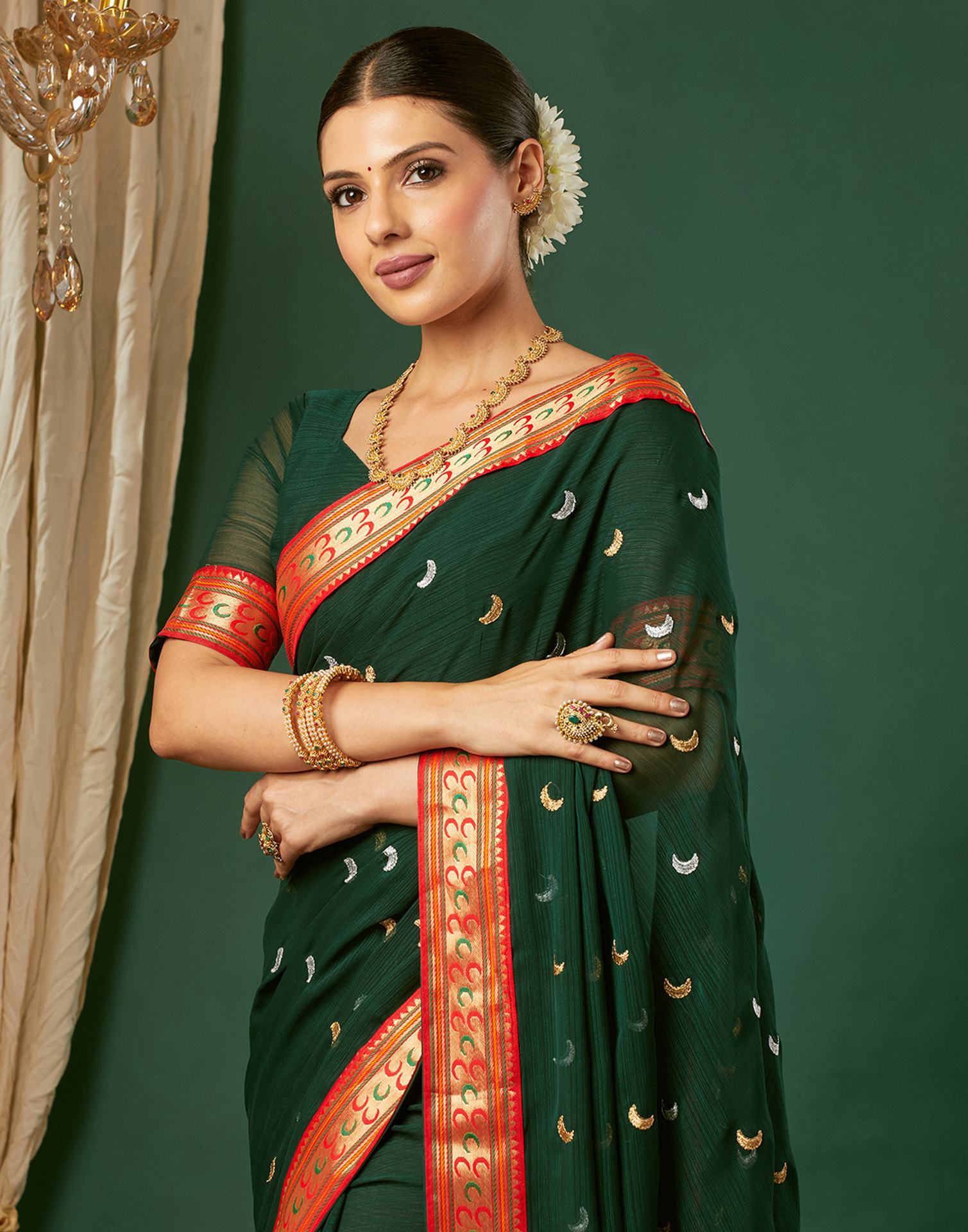 Dark Green Georgette Embroidery Saree