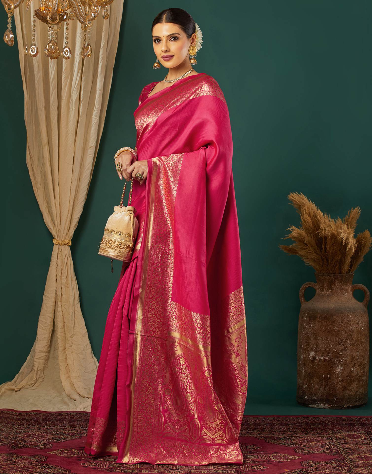 Bright Pink Silk Woven Banarasi Saree