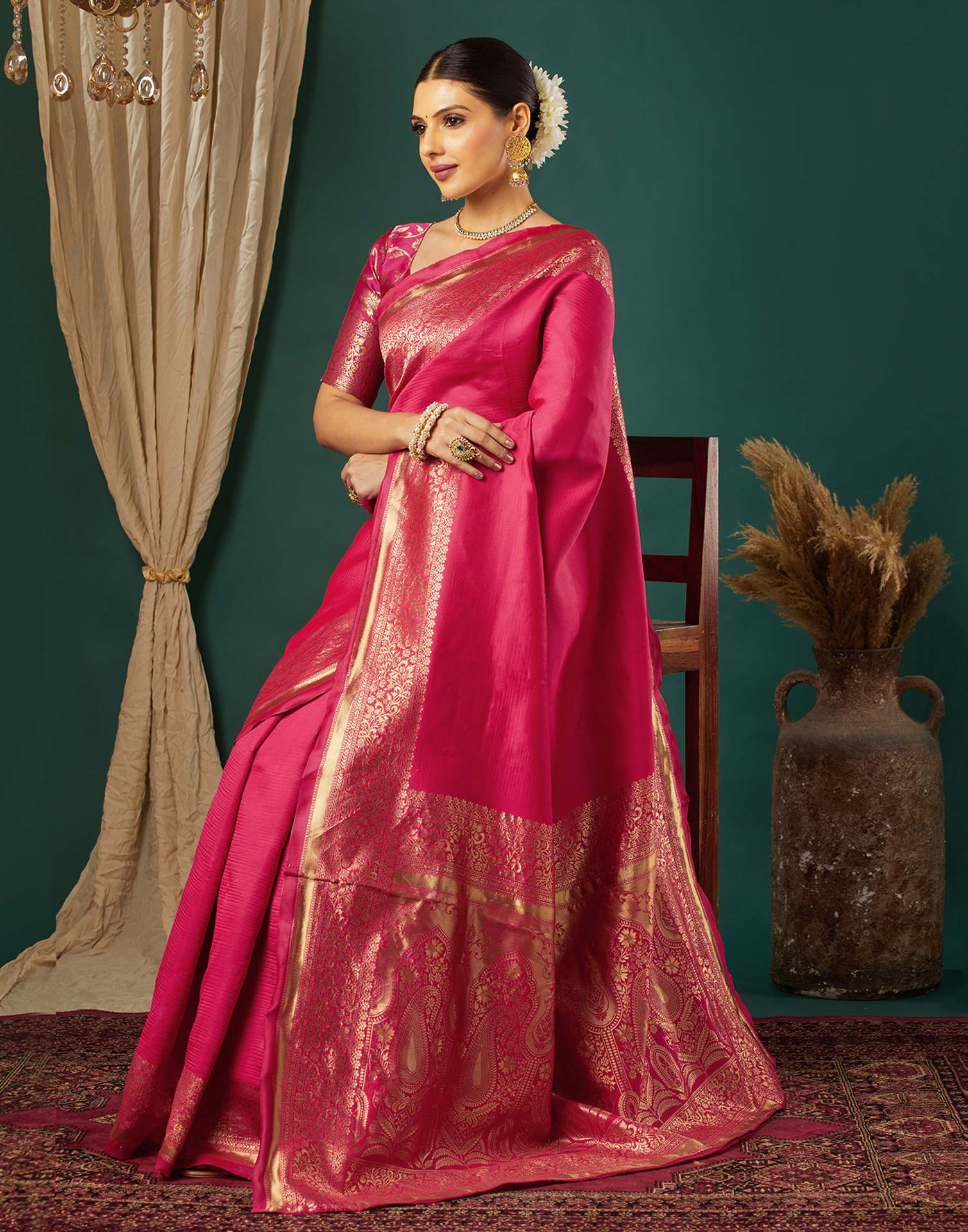 Bright Pink Silk Woven Banarasi Saree