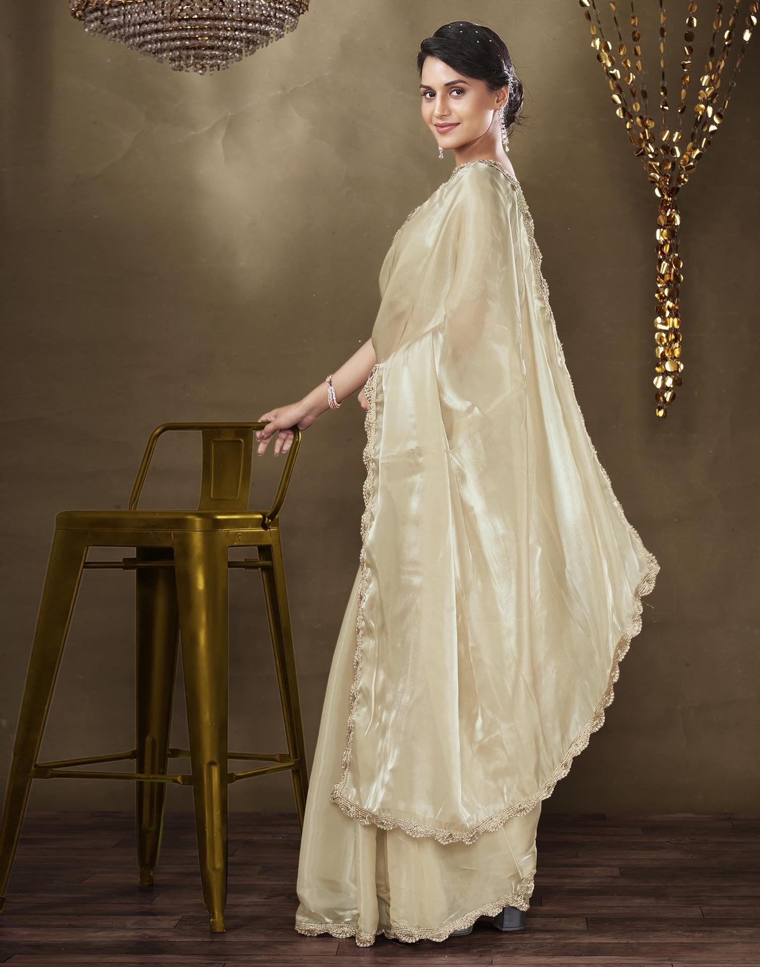 Beige Tissue Silk Lace Plain Saree