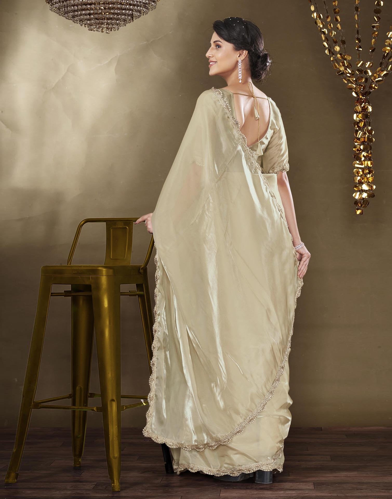Beige Tissue Silk Lace Plain Saree
