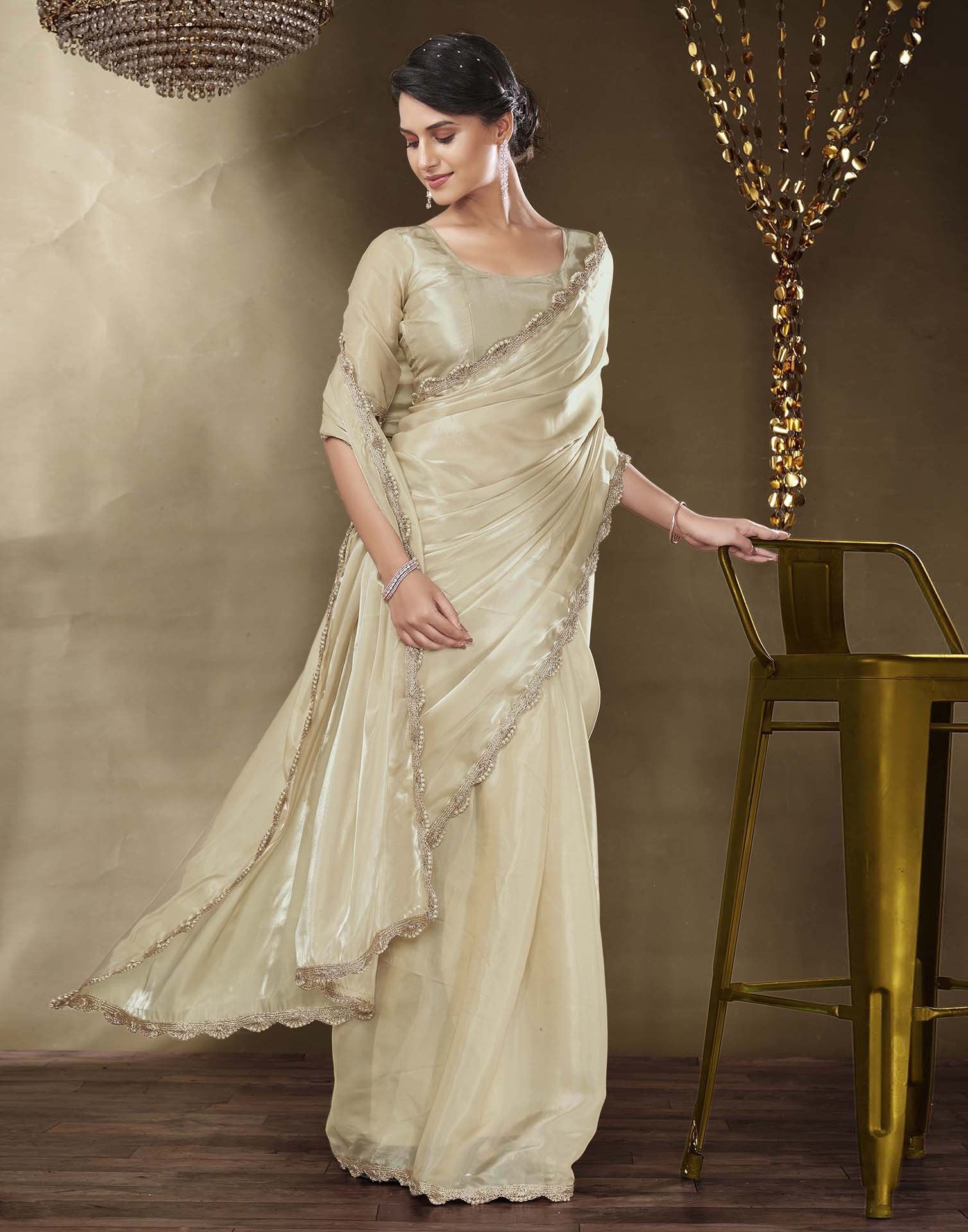 Beige Tissue Silk Lace Plain Saree