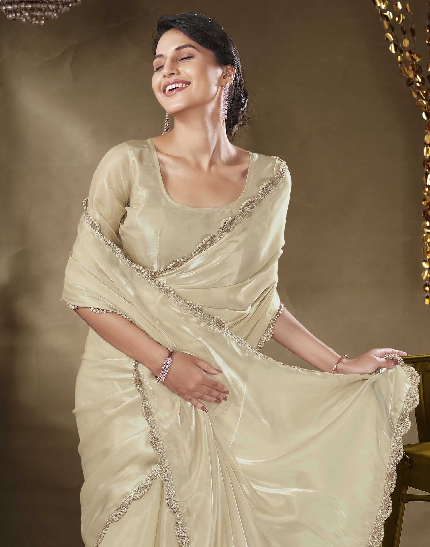 Beige Tissue Silk Lace Plain Saree