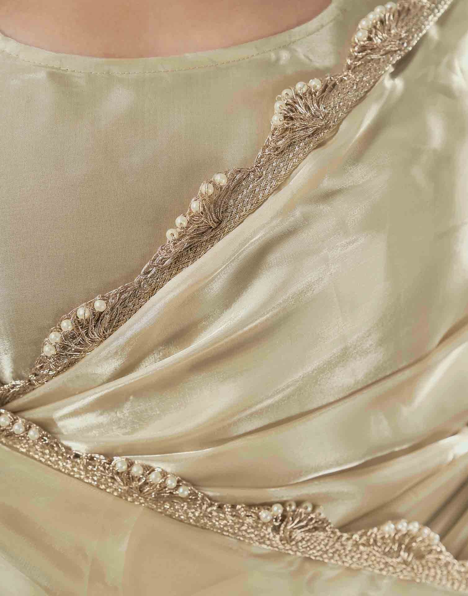 Beige Tissue Silk Lace Plain Saree