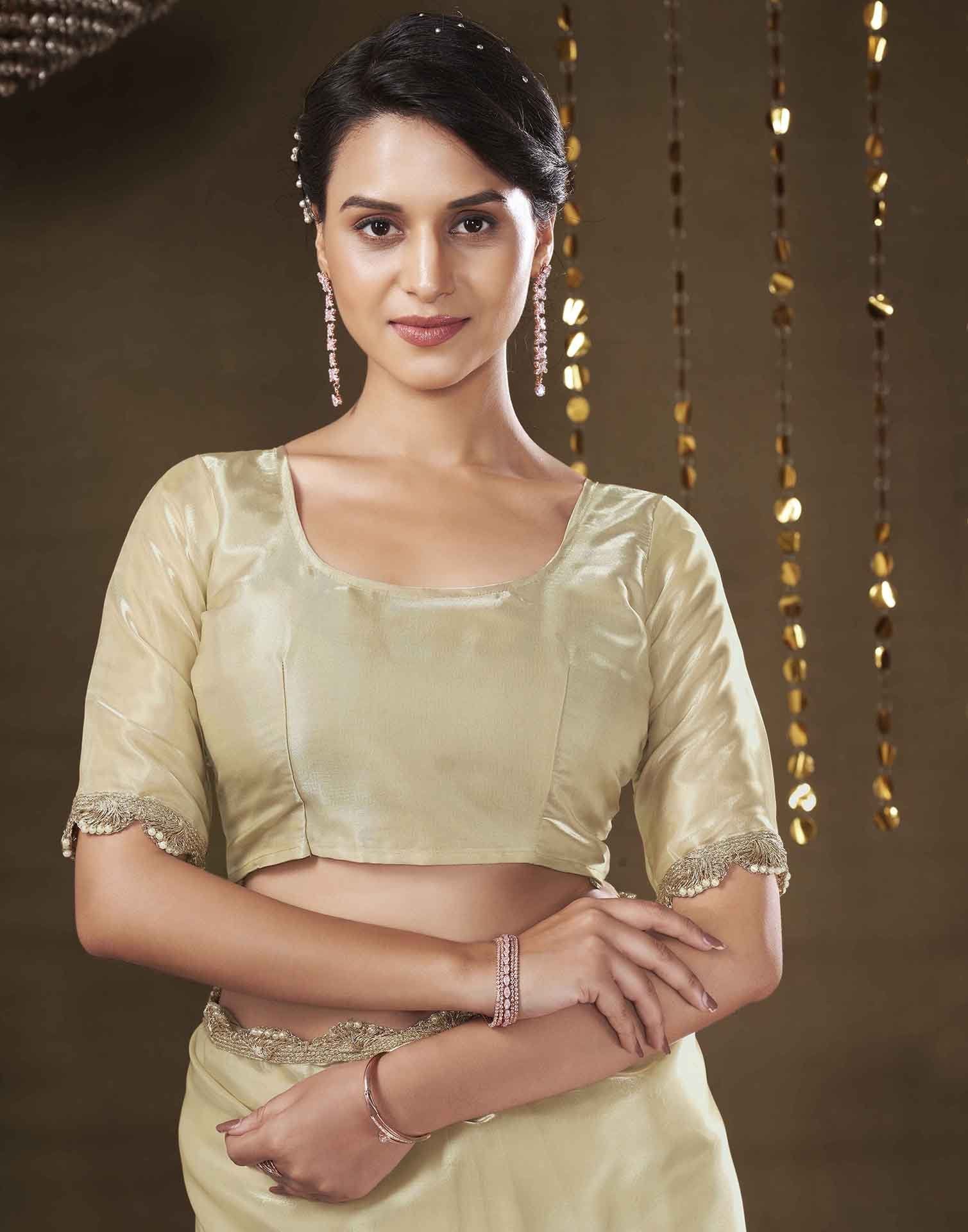 Beige Tissue Silk Lace Plain Saree