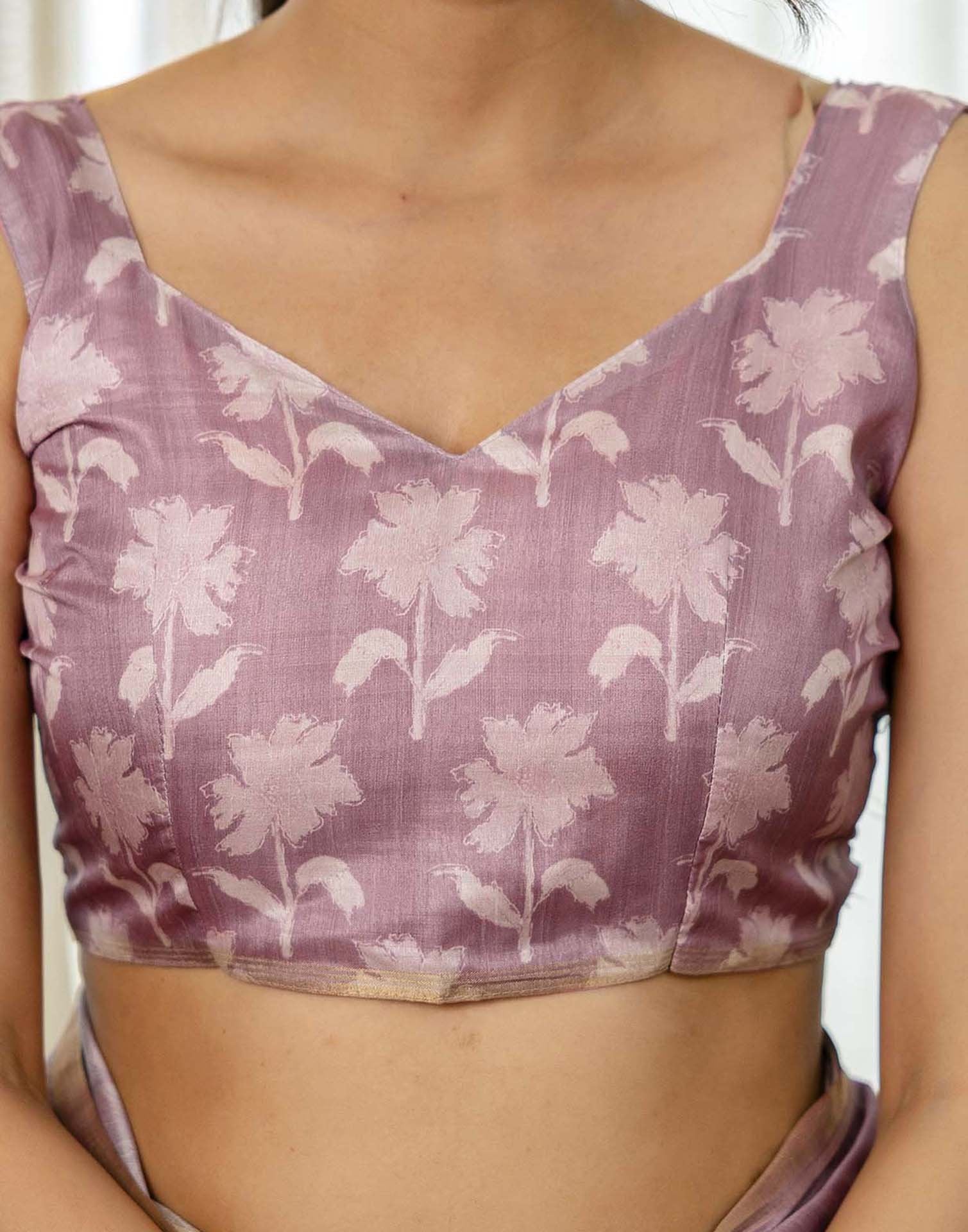 Dusty Pink Tussar Silk Floral Printed Saree