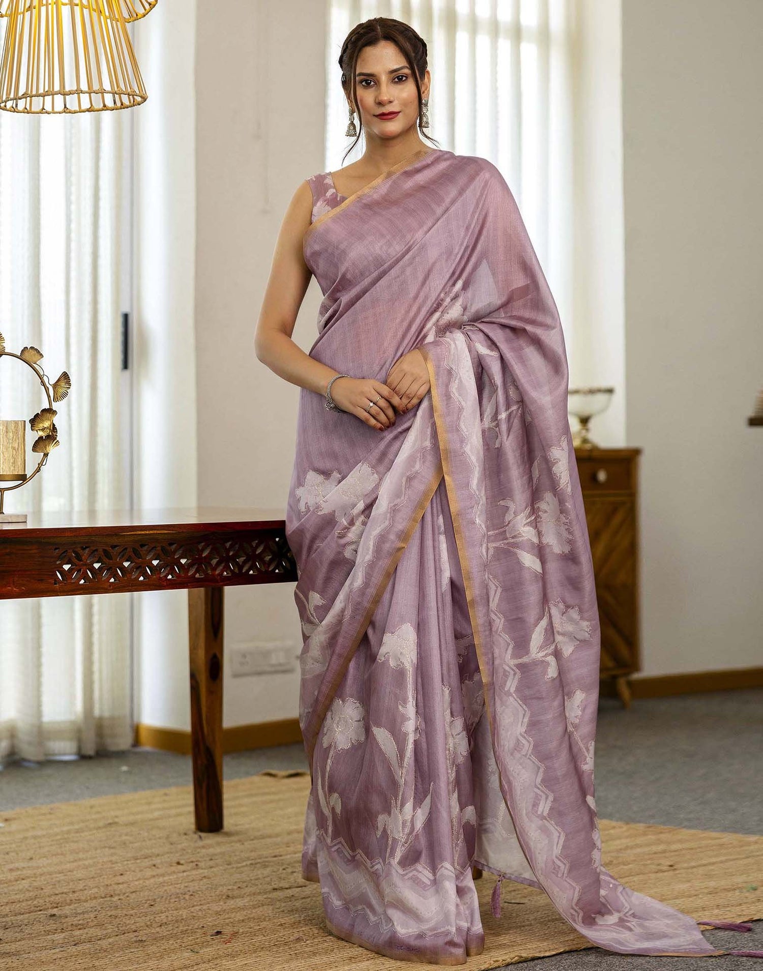 Dusty Pink Tussar Silk Floral Printed  Saree