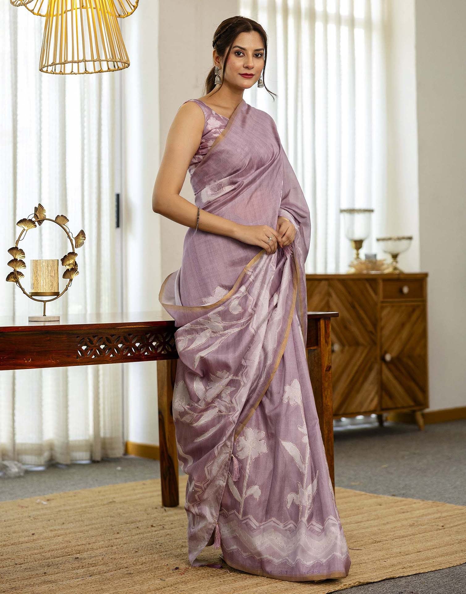 Dusty Pink Tussar Silk Floral Printed Saree