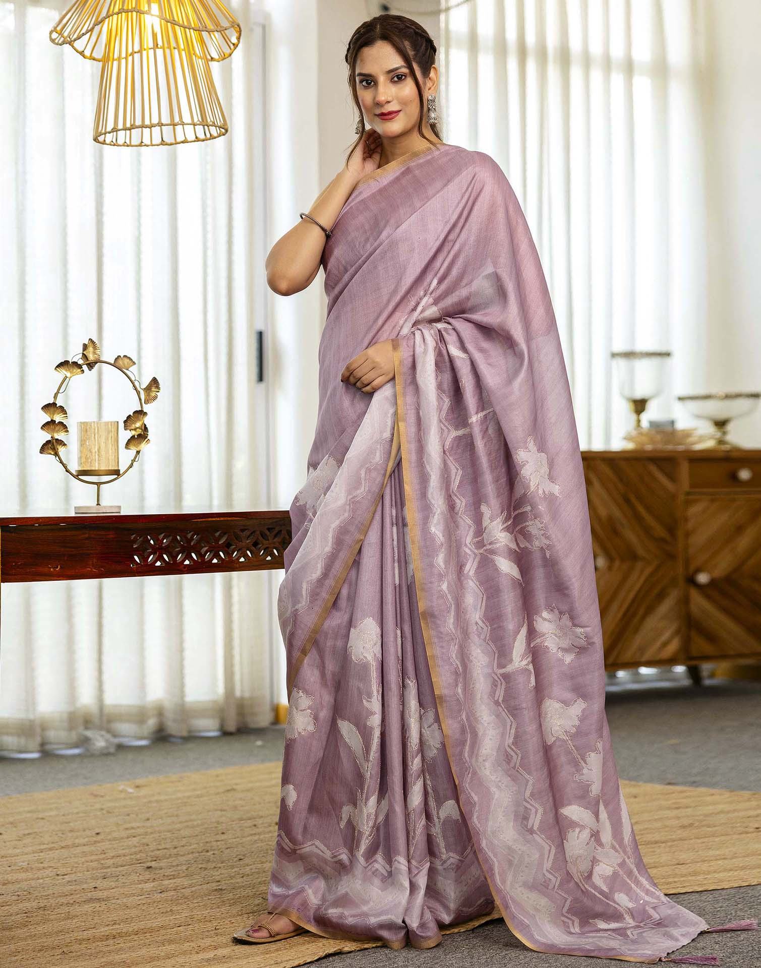 Dusty Pink Tussar Silk Floral Printed Saree