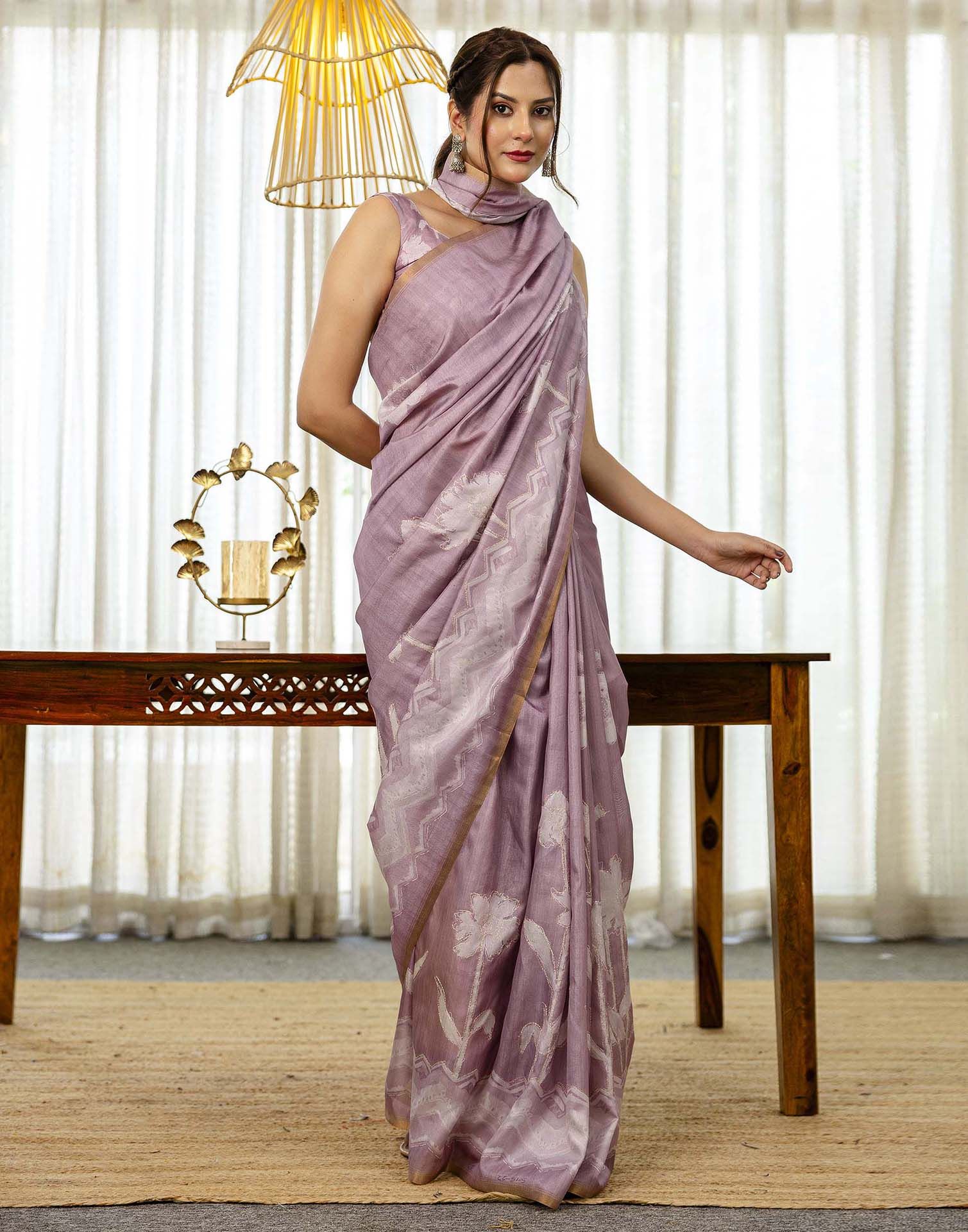 Dusty Pink Tussar Silk Floral Printed Saree