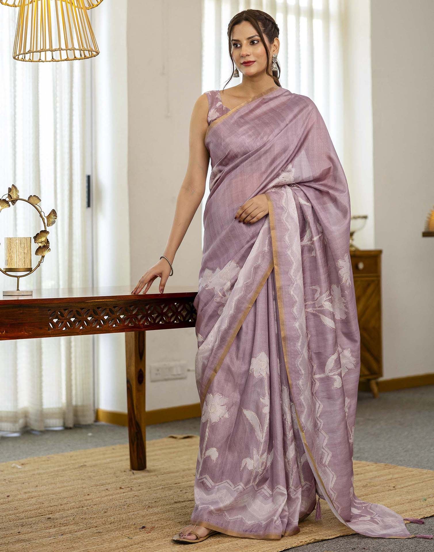 Dusty Pink Tussar Silk Floral Printed Saree