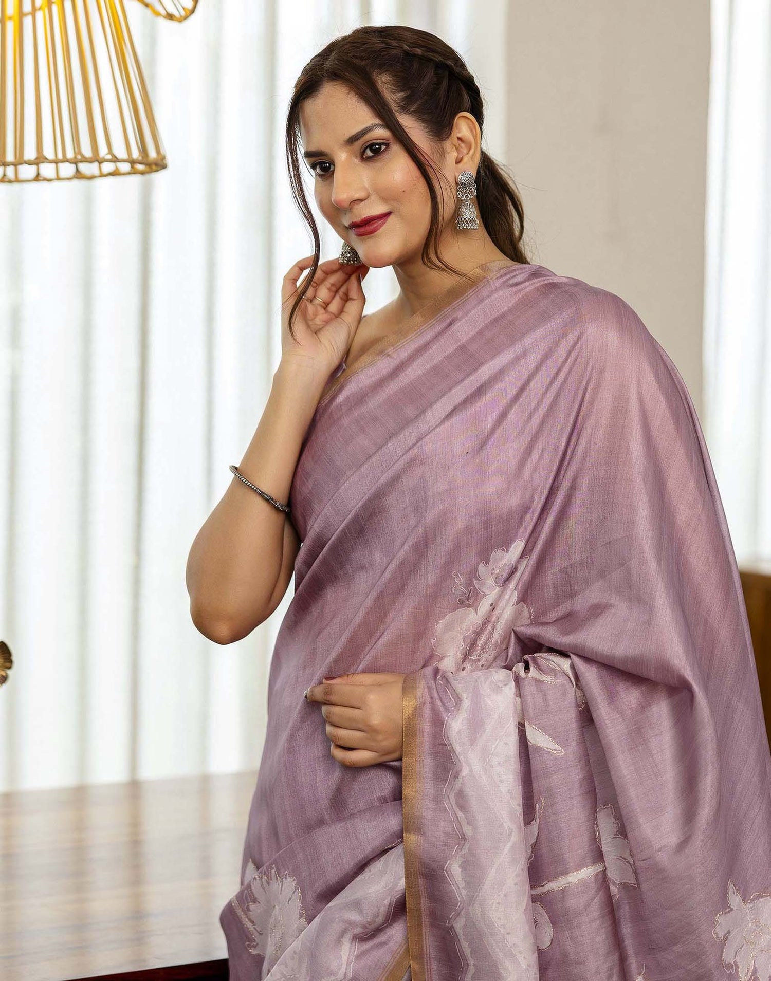 Dusty Pink Tussar Silk Floral Printed  Saree