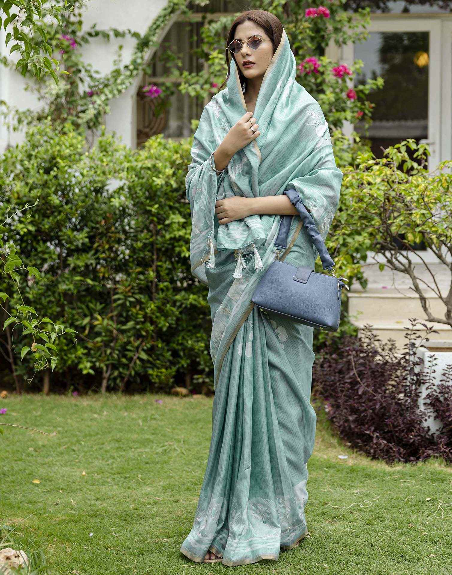 Dusty Turquoise Tussar Silk Printed Saree