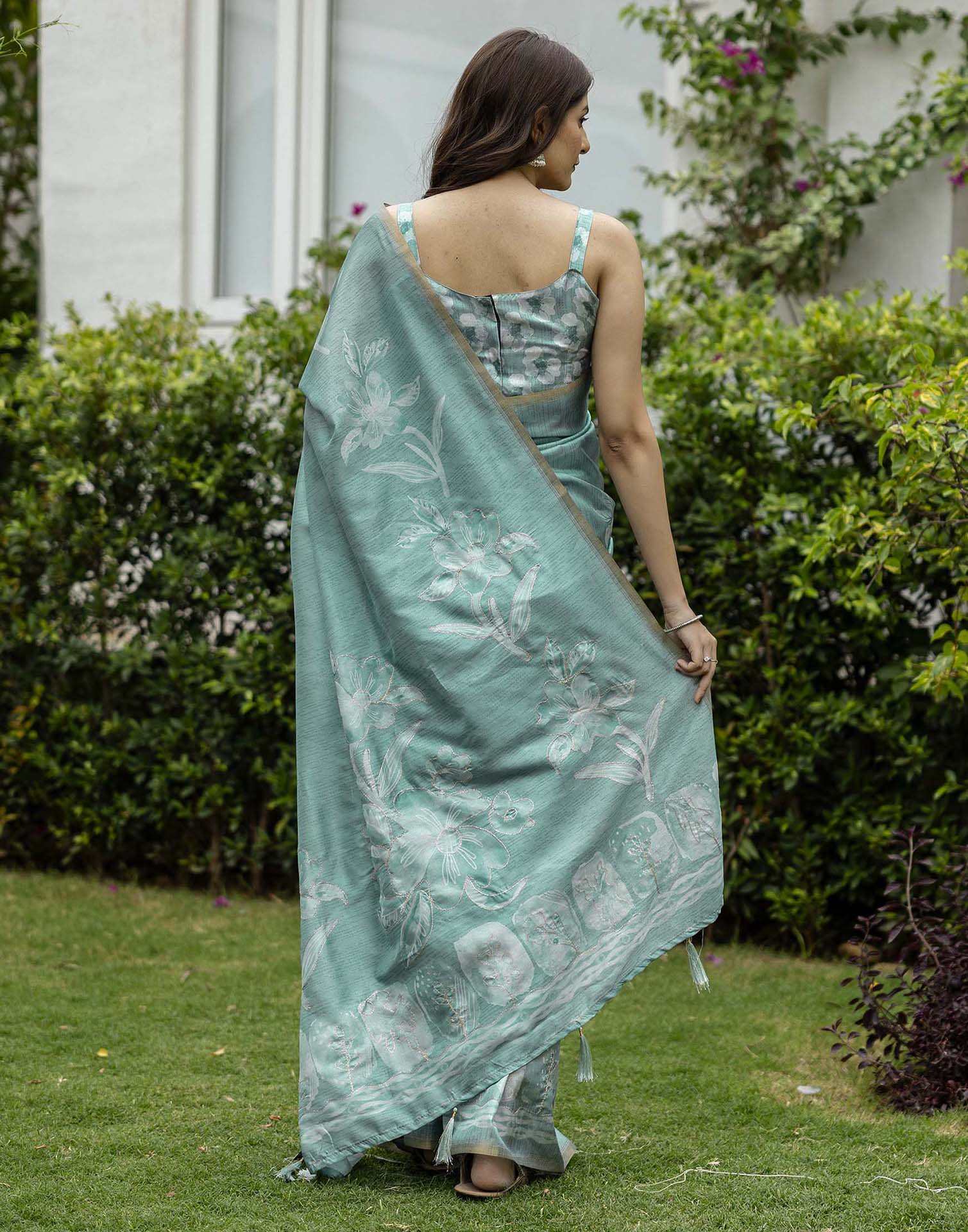 Dusty Turquoise Tussar Silk Printed Saree