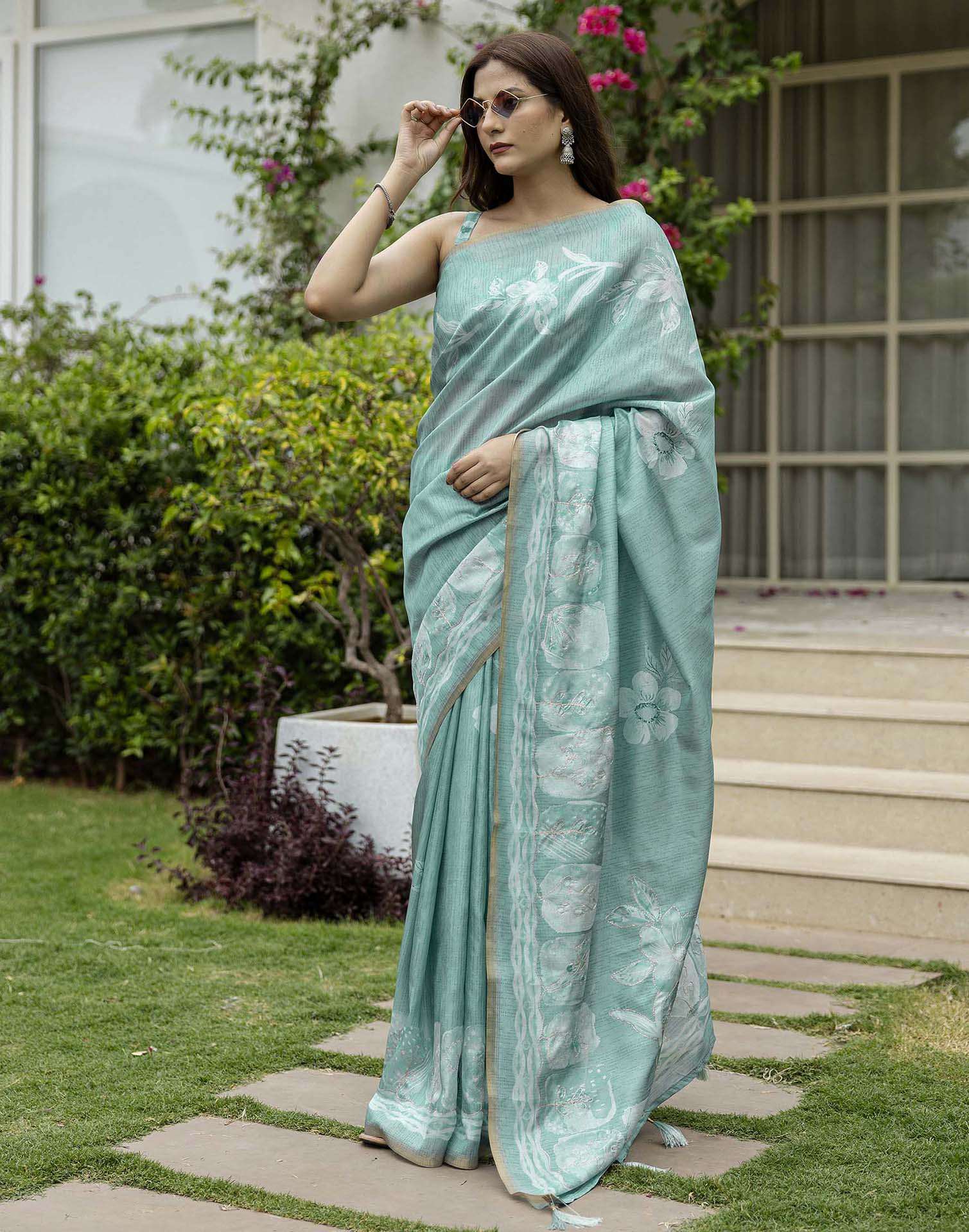 Dusty Turquoise Tussar Silk Printed Saree