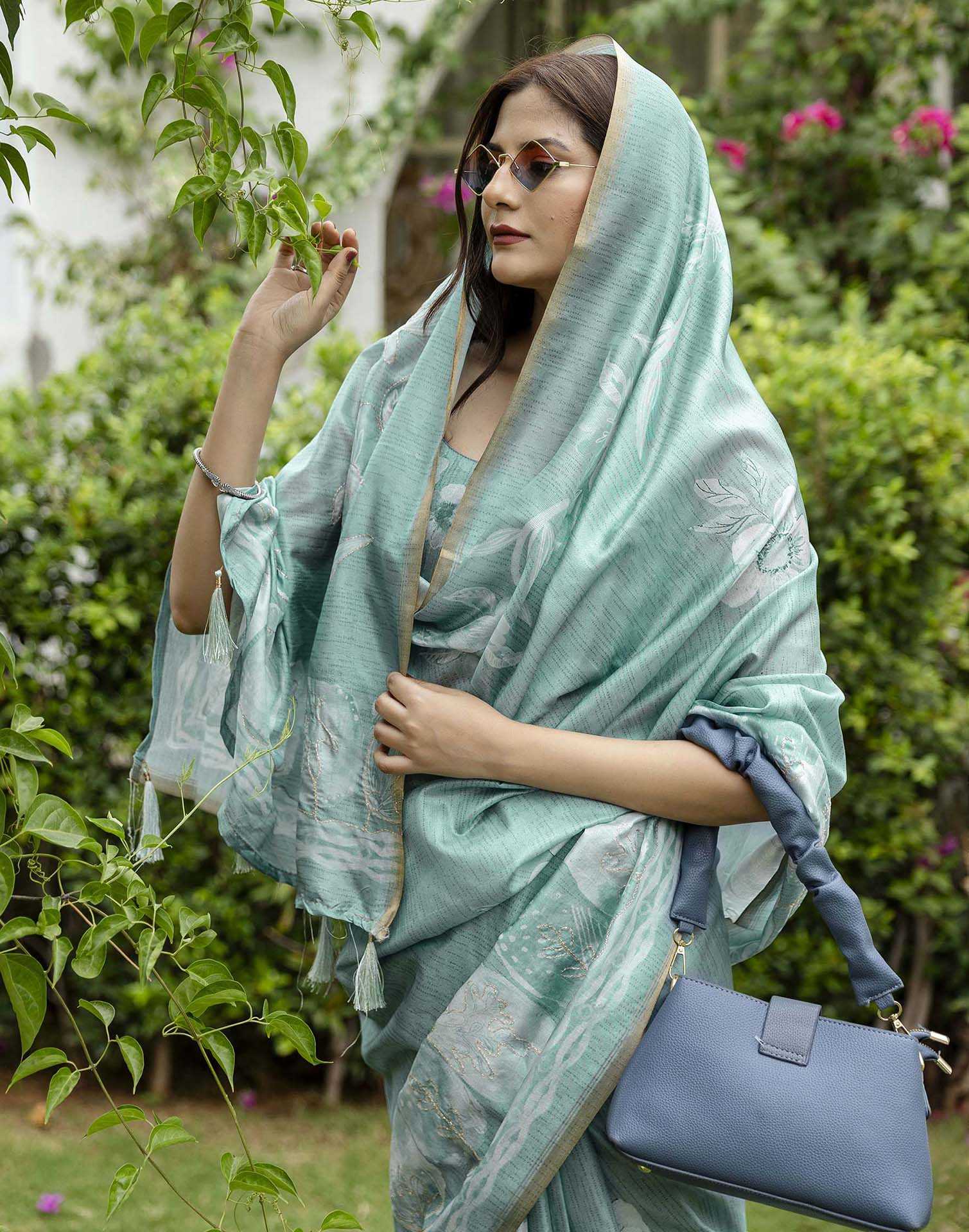 Dusty Turquoise Tussar Silk Printed Saree