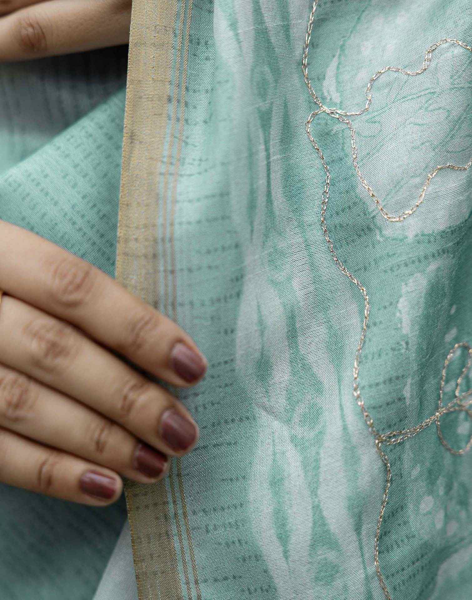 Dusty Turquoise Tussar Silk Printed Saree