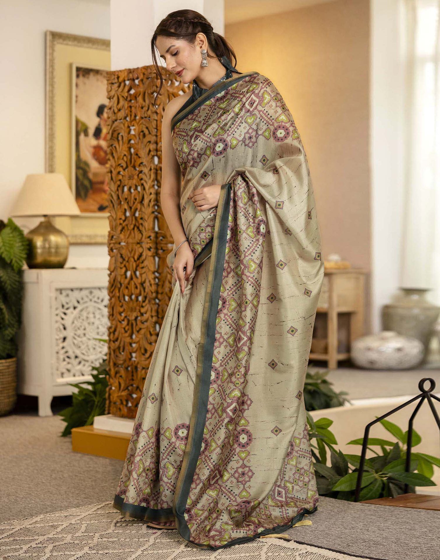 Beige Tussar Silk Printed Saree