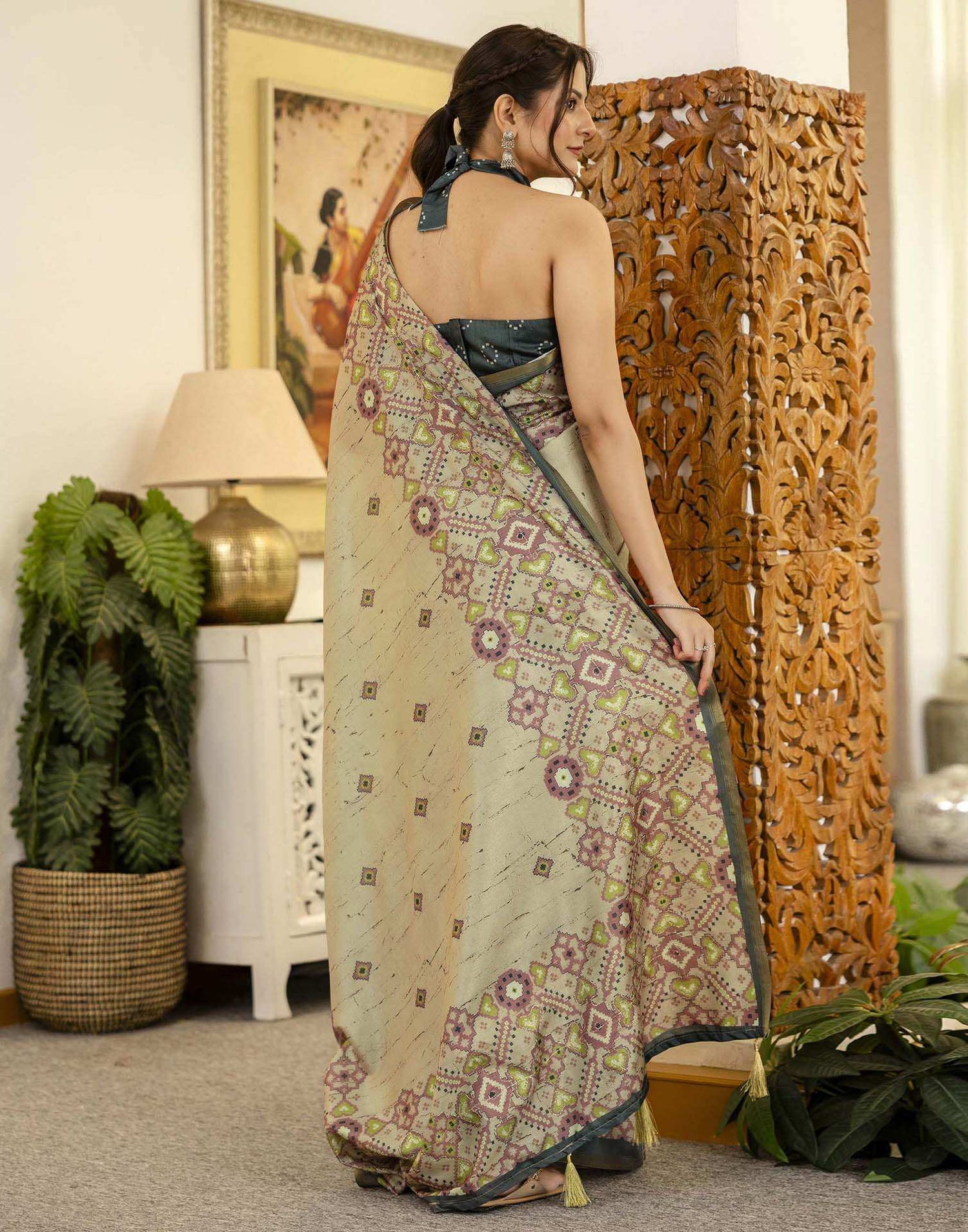 Beige Tussar Silk Printed Saree