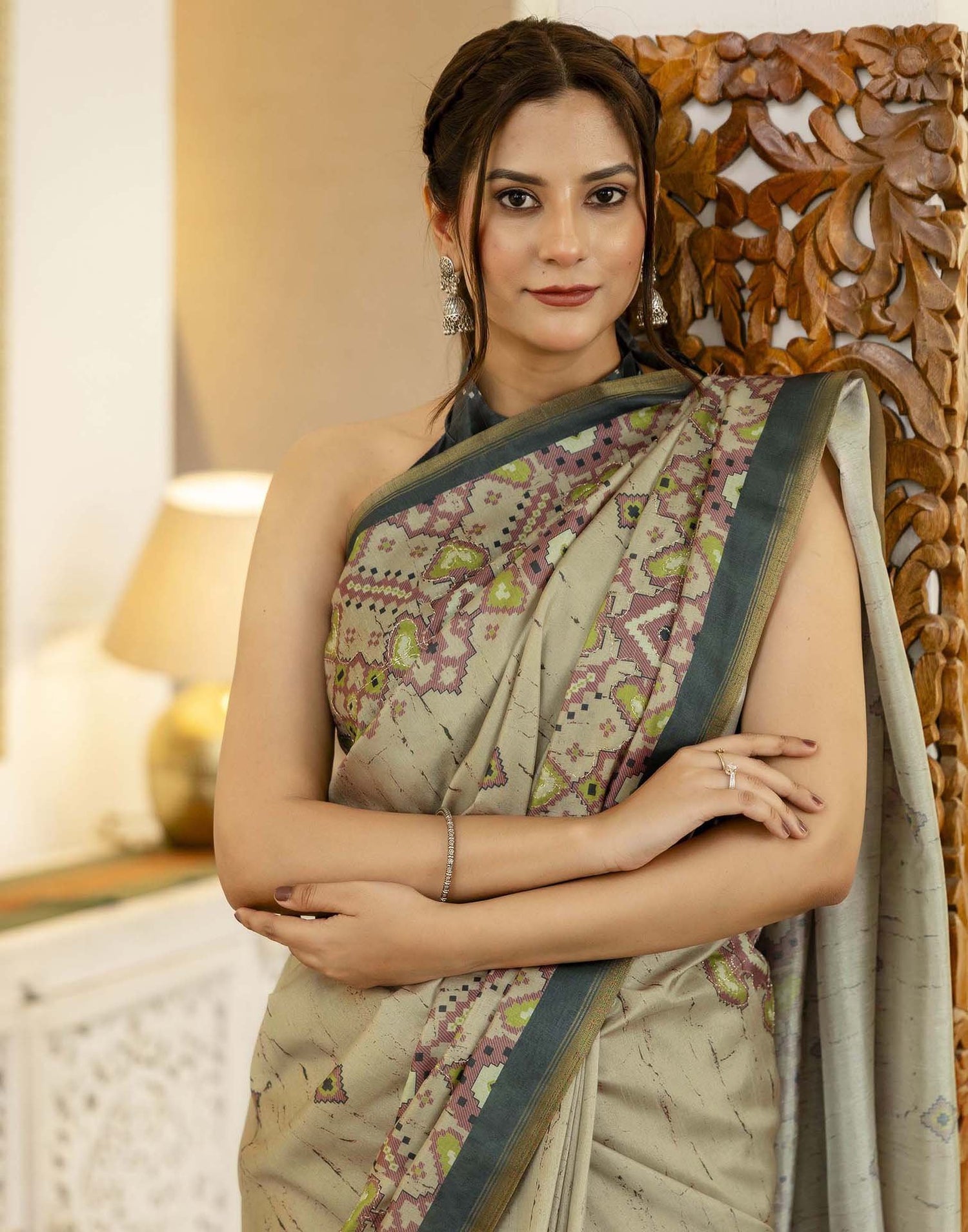 Beige Tussar Silk Printed Saree
