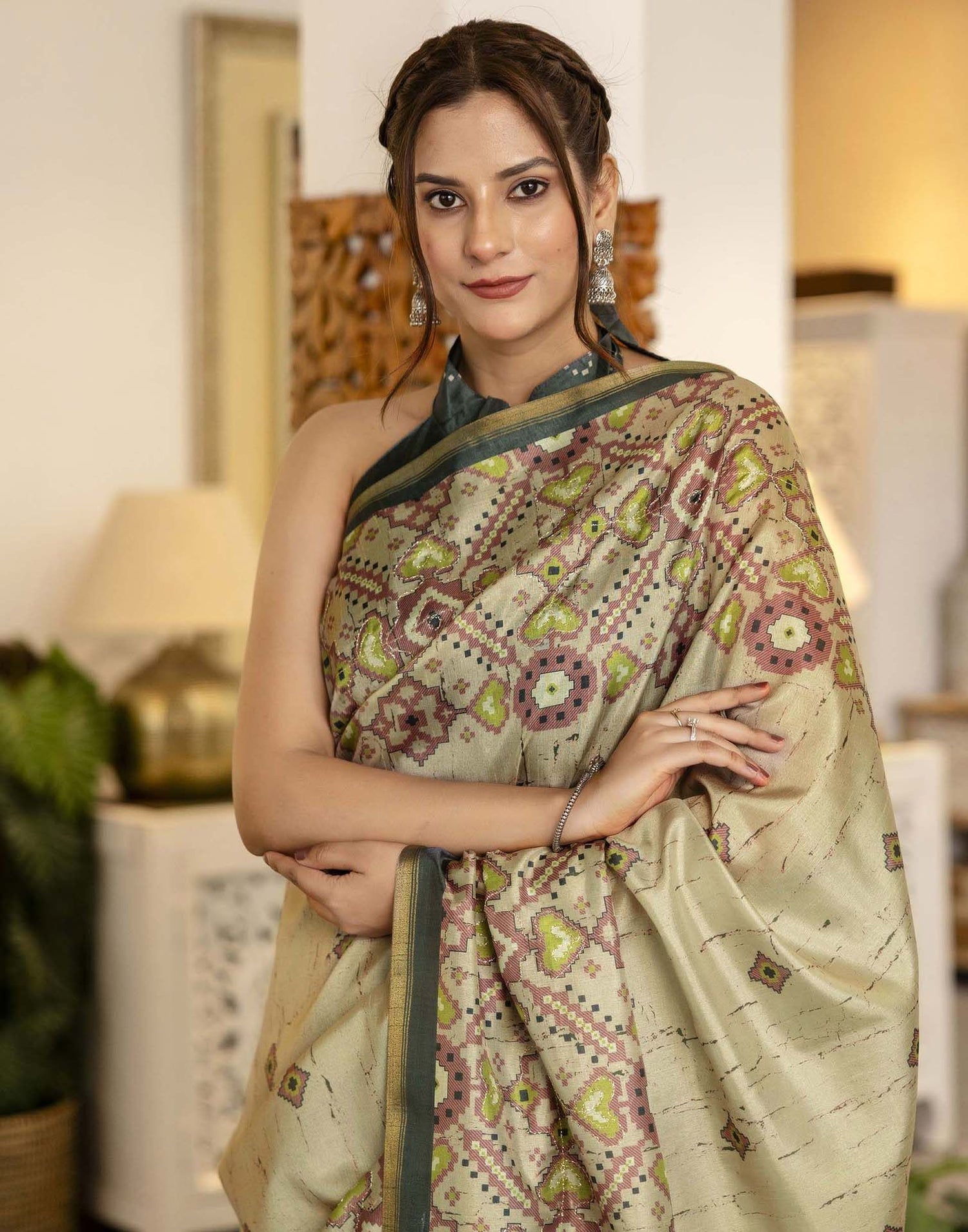 Beige Tussar Silk Printed Saree