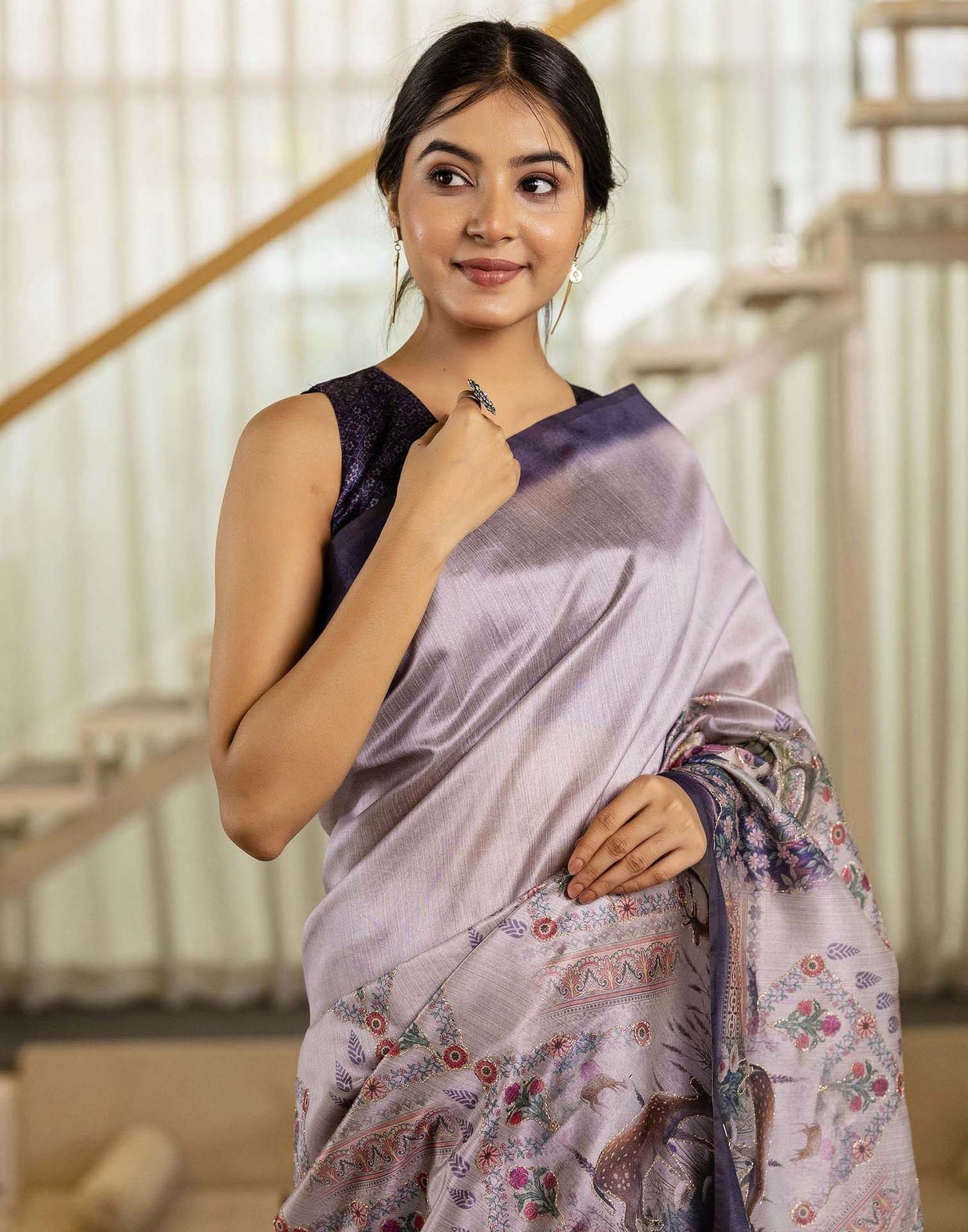 Mauve Tussar Silk Printed Saree