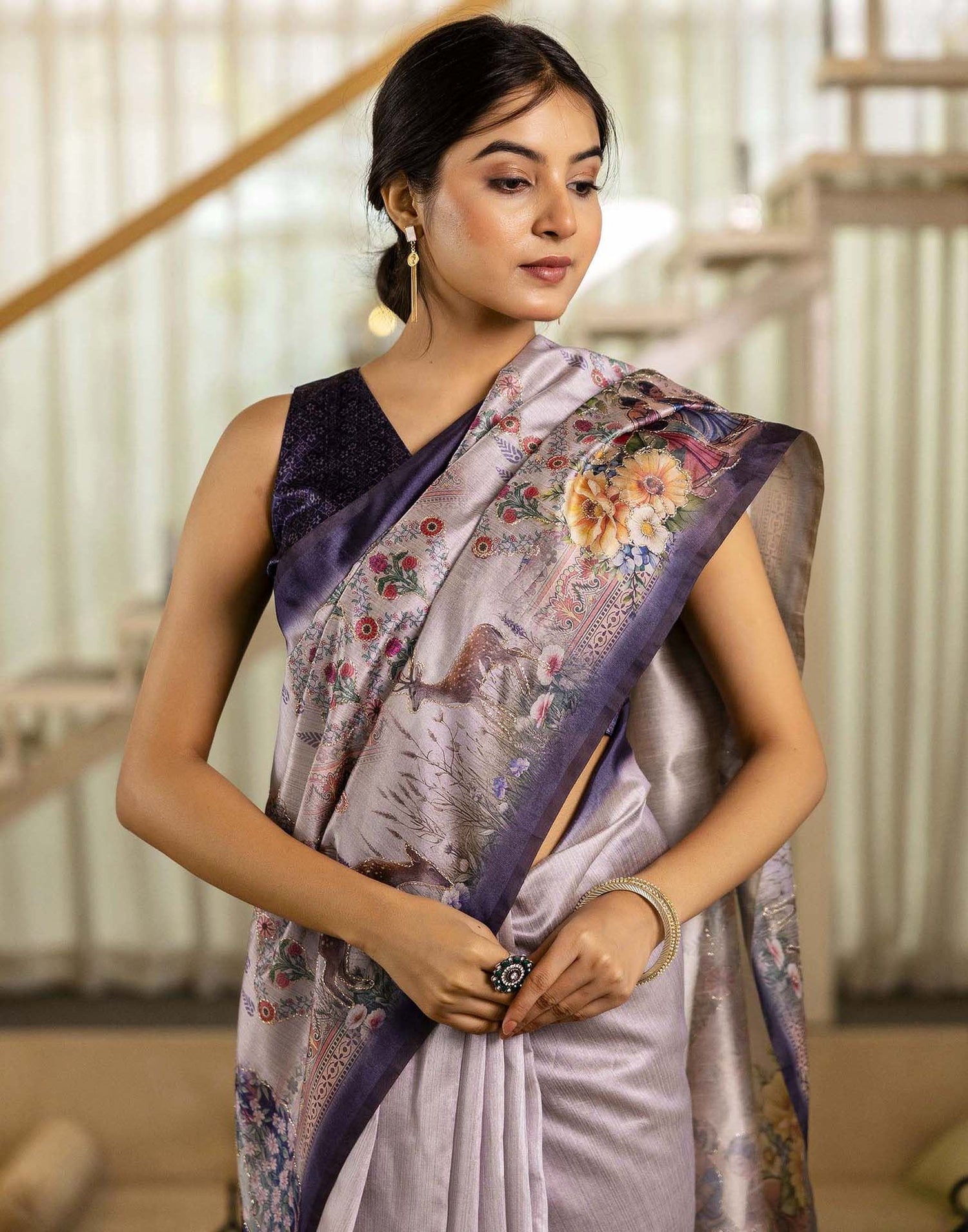 Mauve Tussar Silk Printed Saree