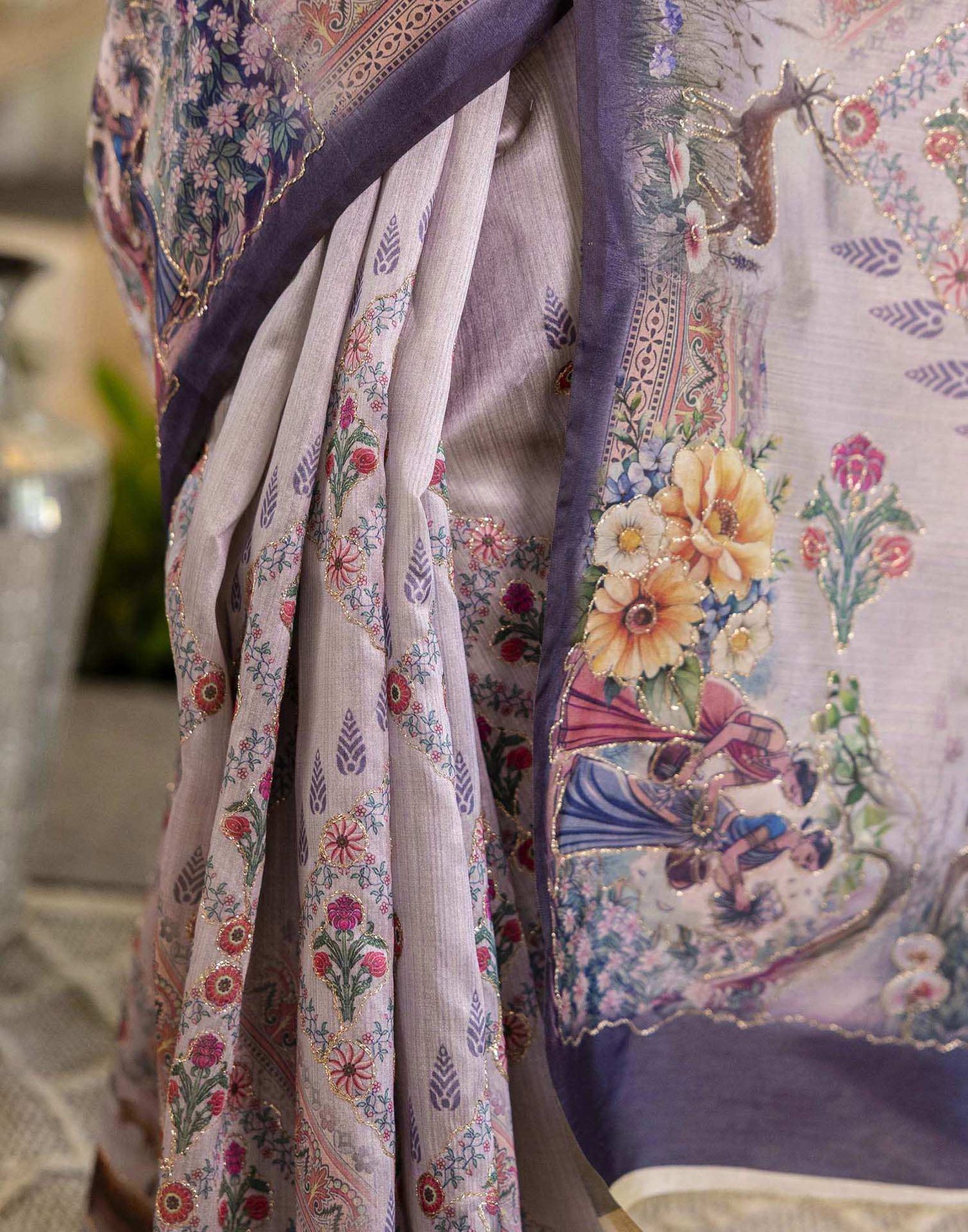 Mauve Tussar Silk Printed Saree