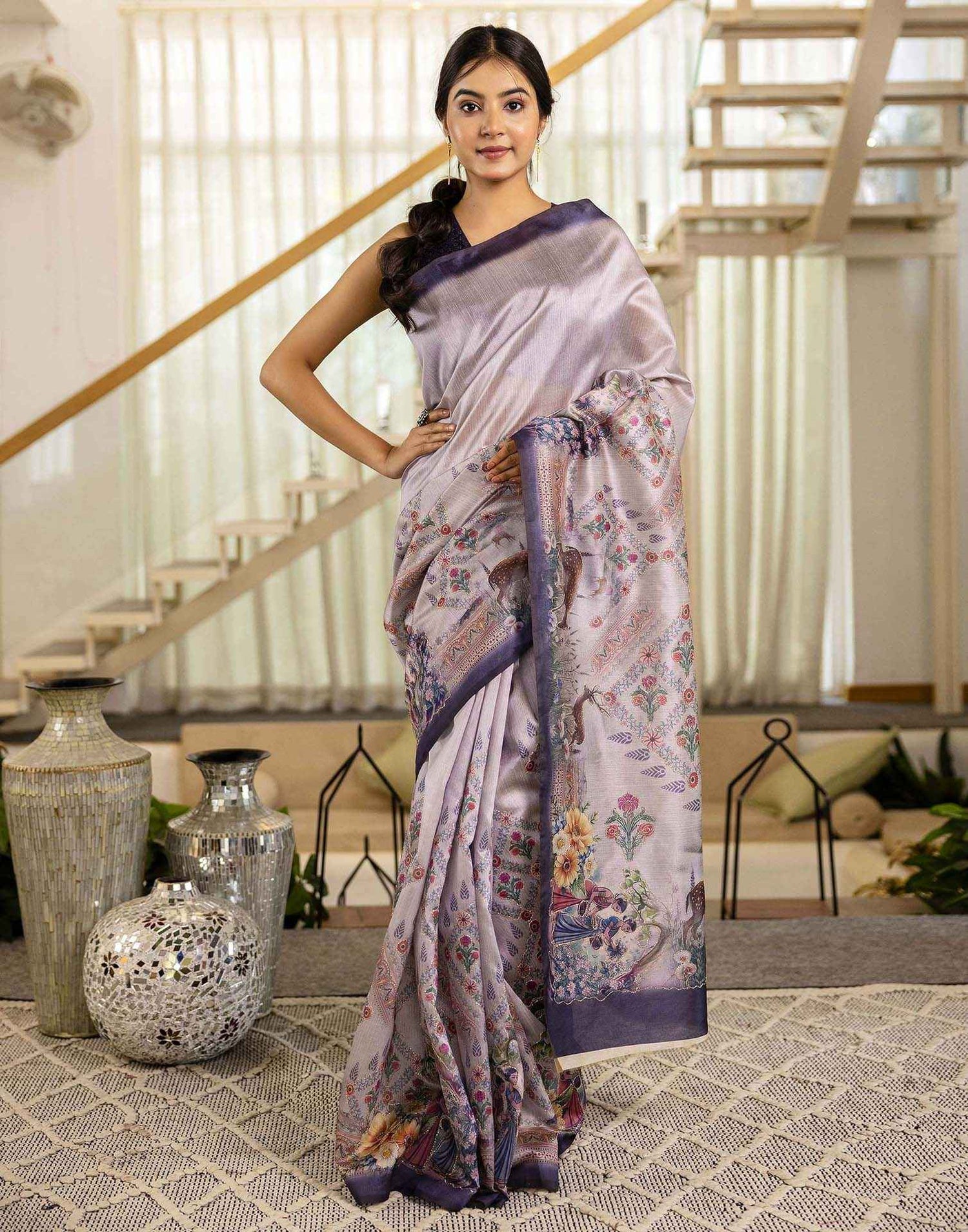 Mauve Tussar Silk Printed Saree
