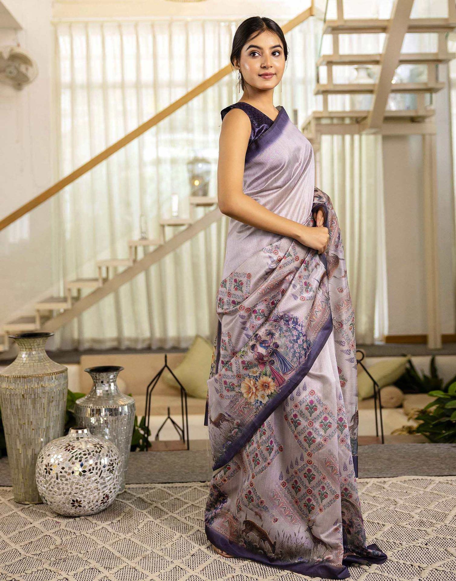 Mauve Tussar Silk Printed Saree