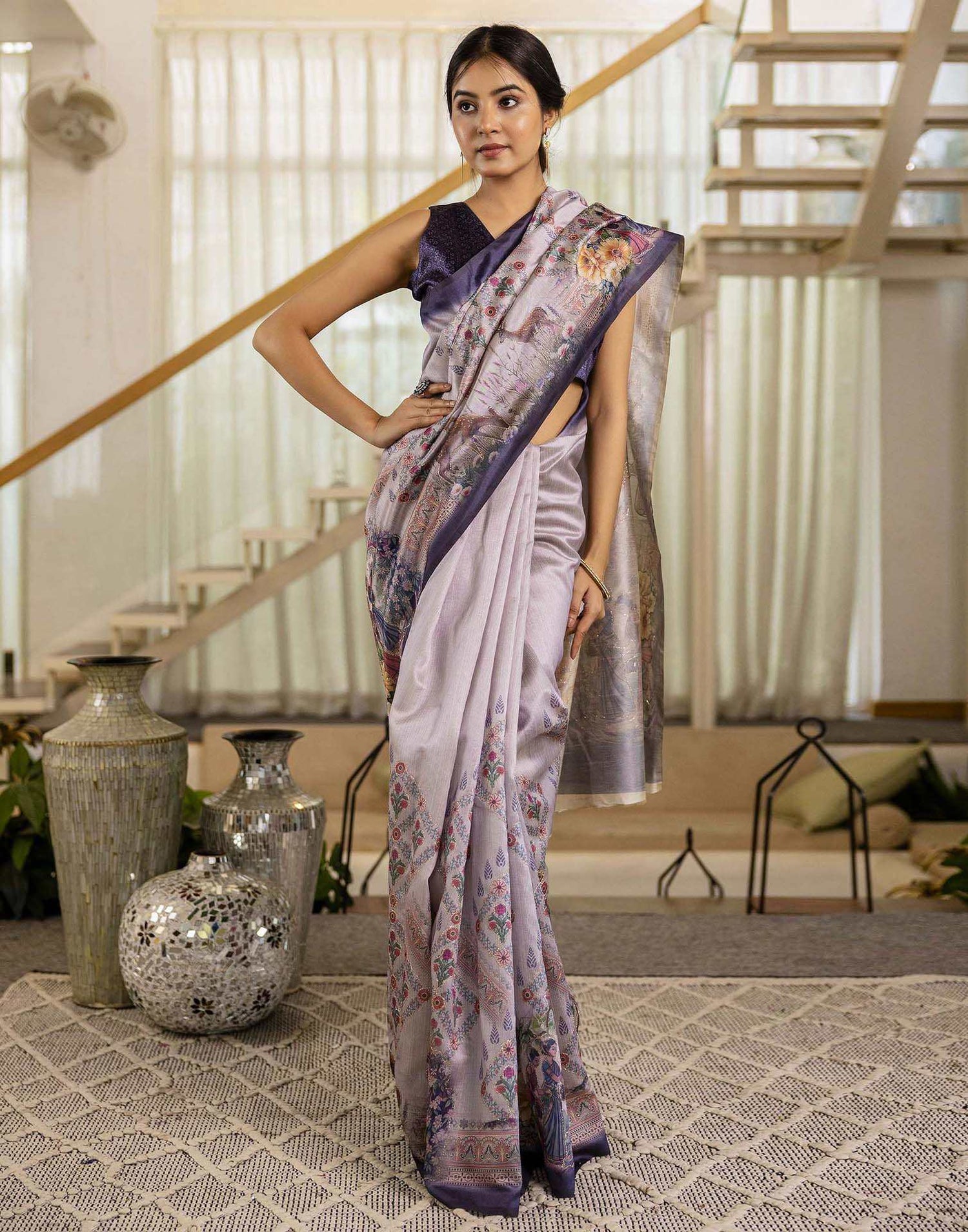 Mauve Tussar Silk Printed Saree