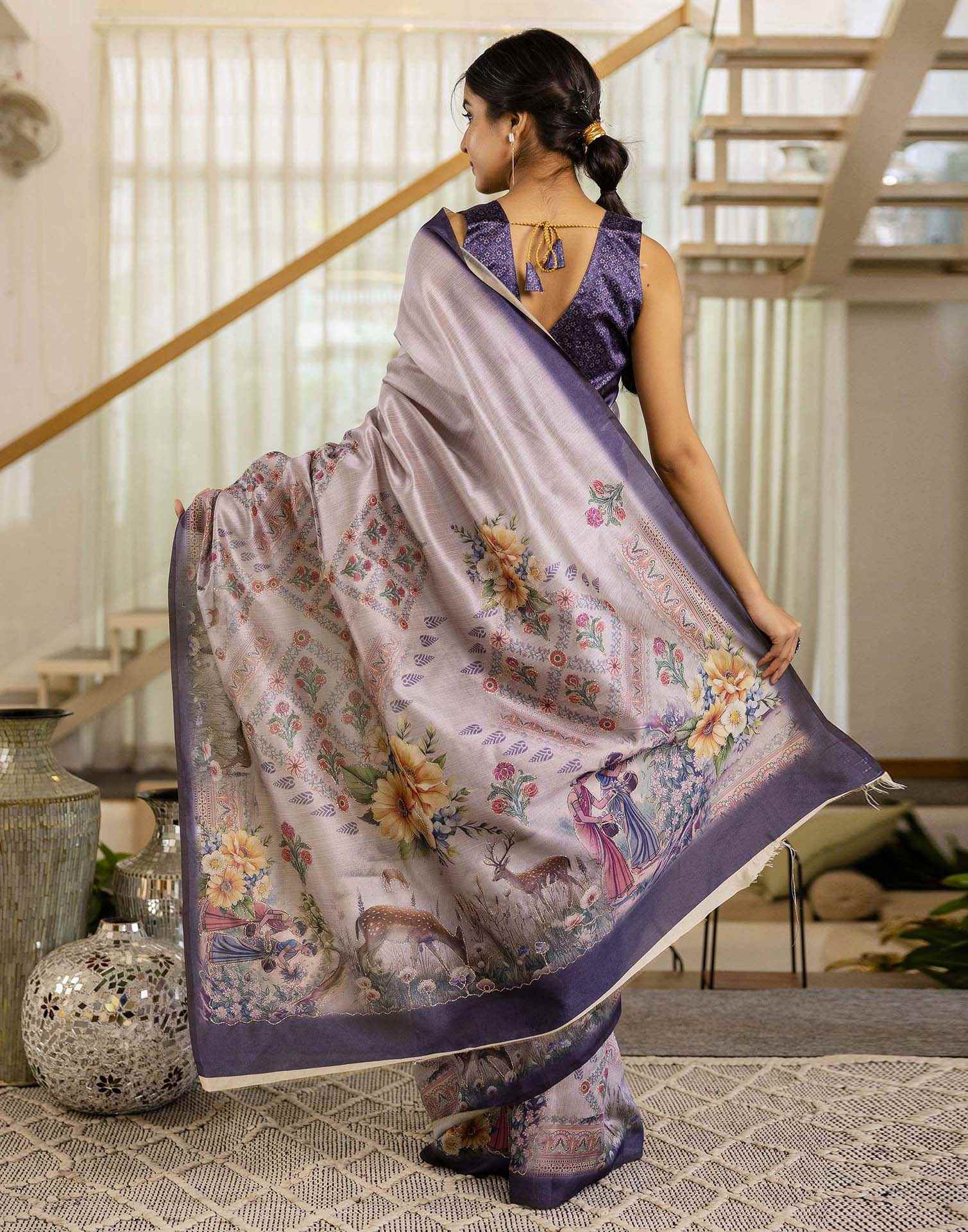 Mauve Tussar Silk Printed Saree