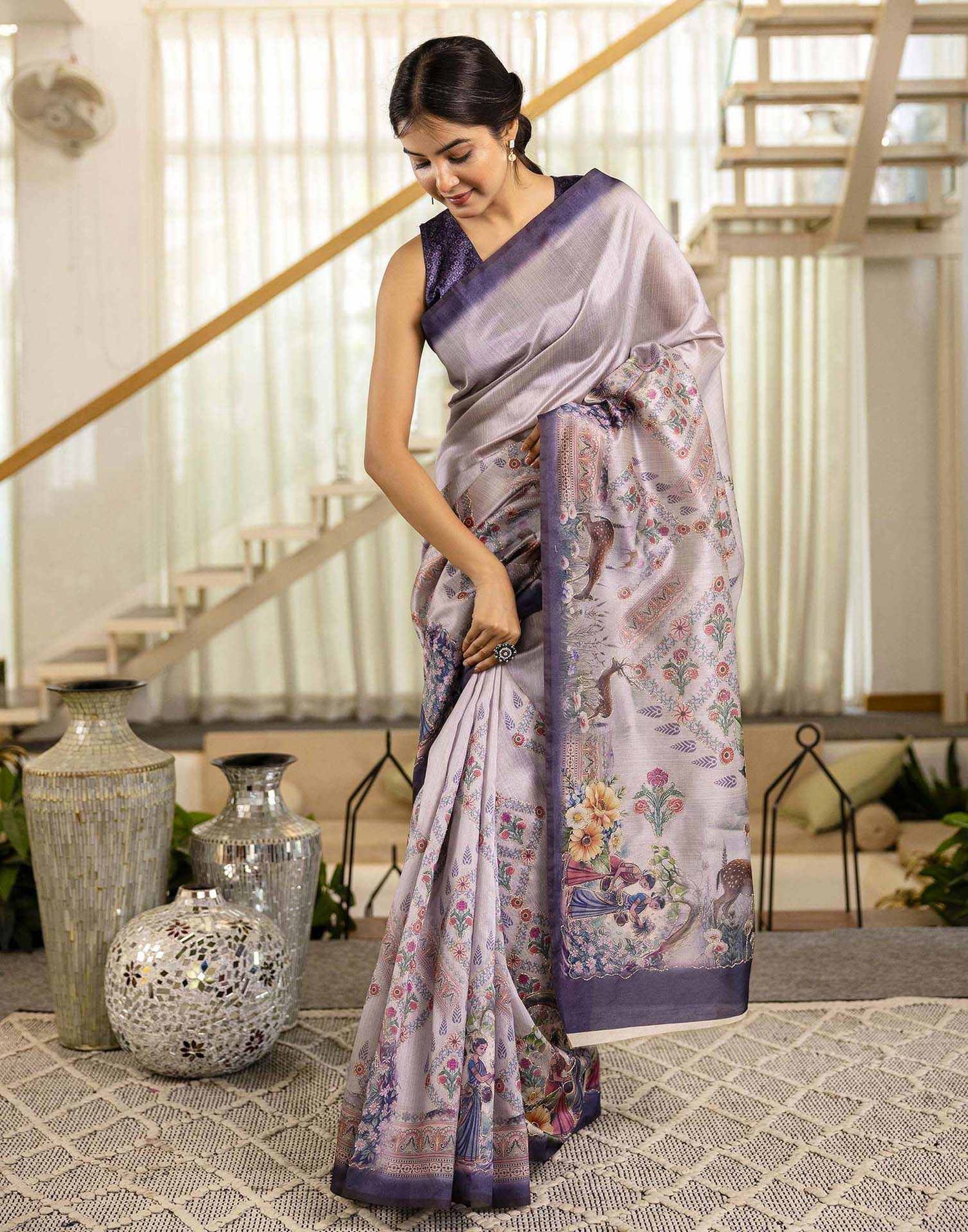 Mauve Tussar Silk Printed Saree