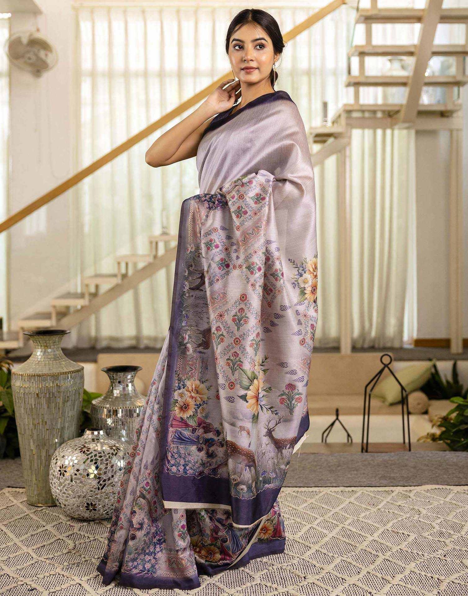 Mauve Tussar Silk Printed Saree