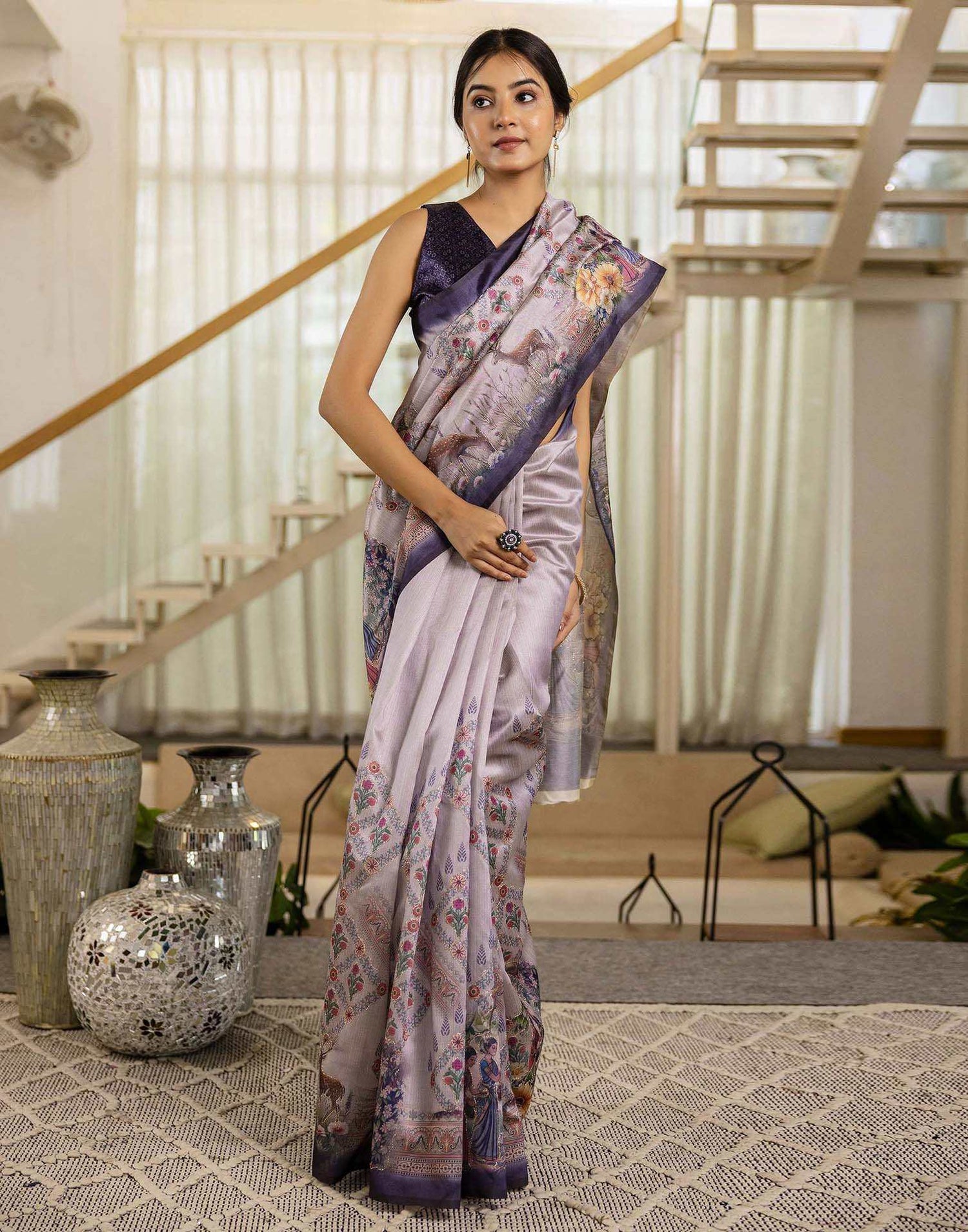Mauve Tussar Silk Printed Saree