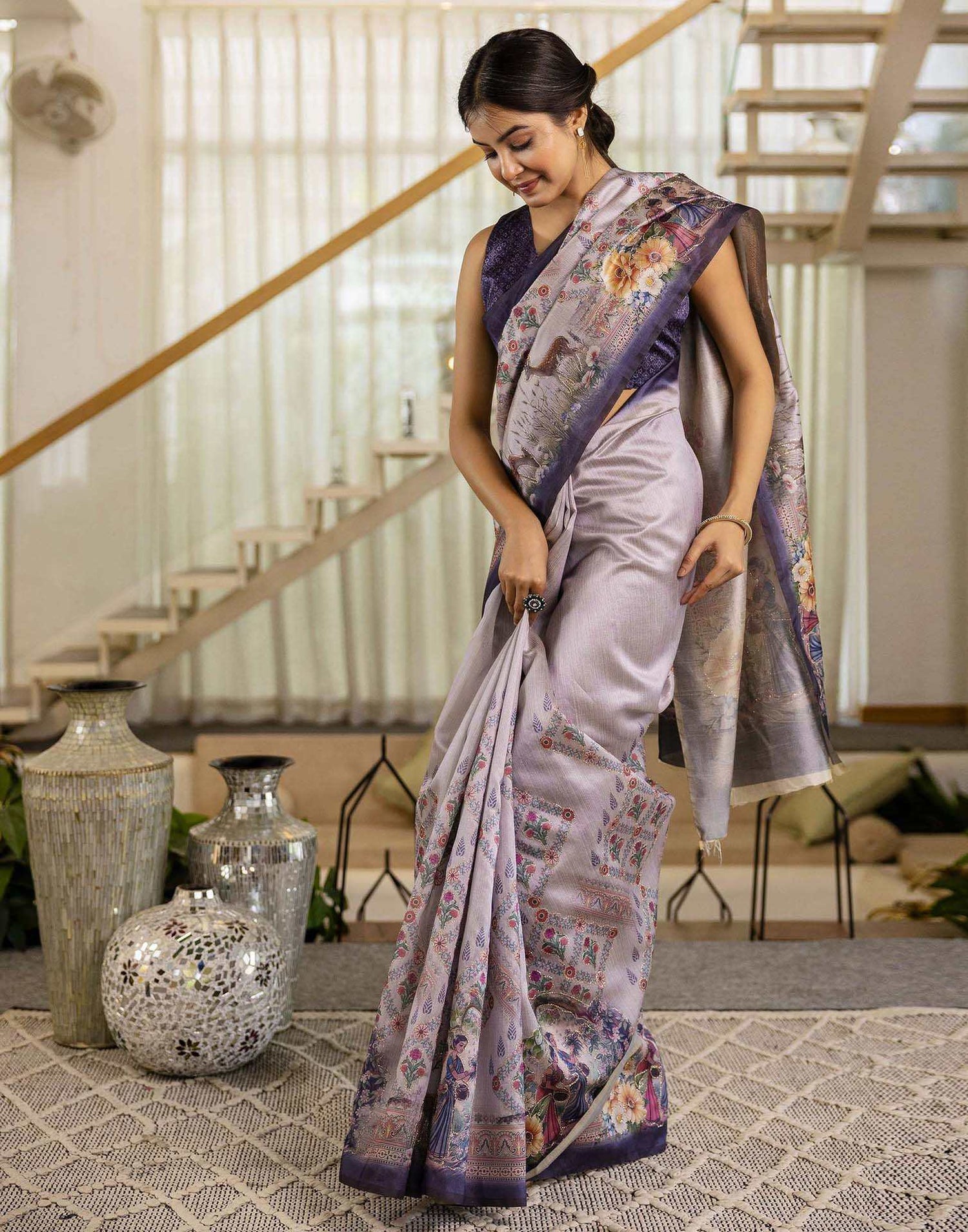 Mauve Tussar Silk Printed Saree