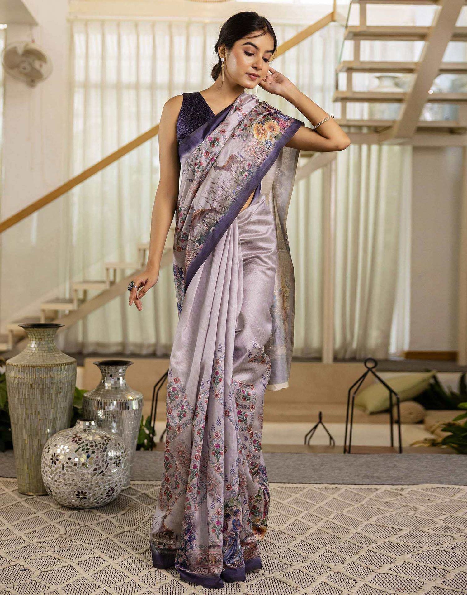 Mauve Tussar Silk Printed Saree