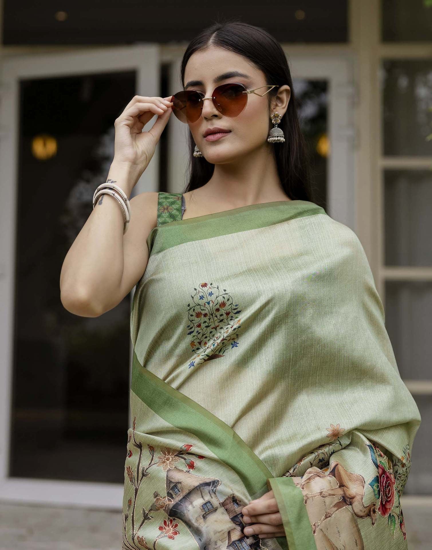 Dusty Green Tussar Silk Printed Saree