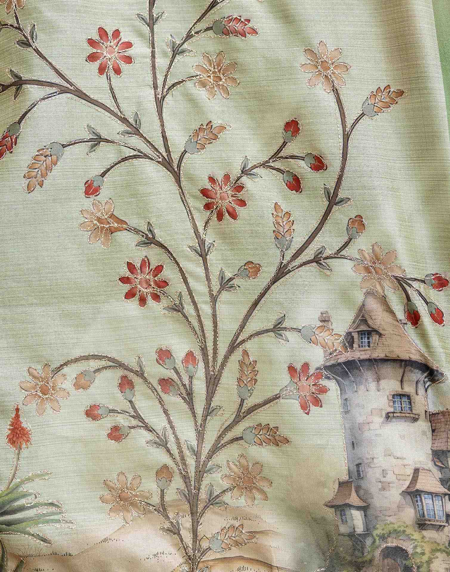 Dusty Green Tussar Silk Printed Saree