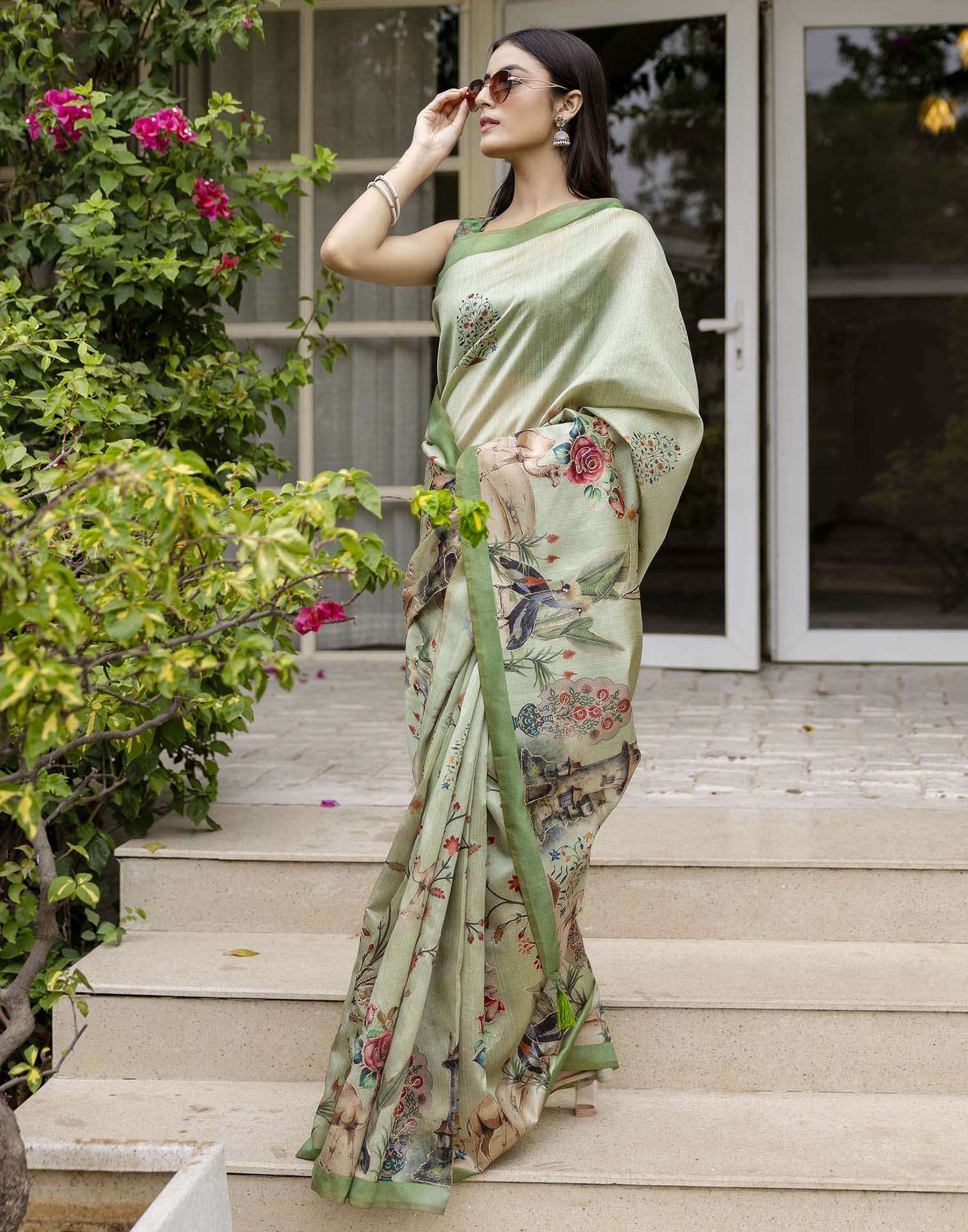 Dusty Green Tussar Silk Printed Saree