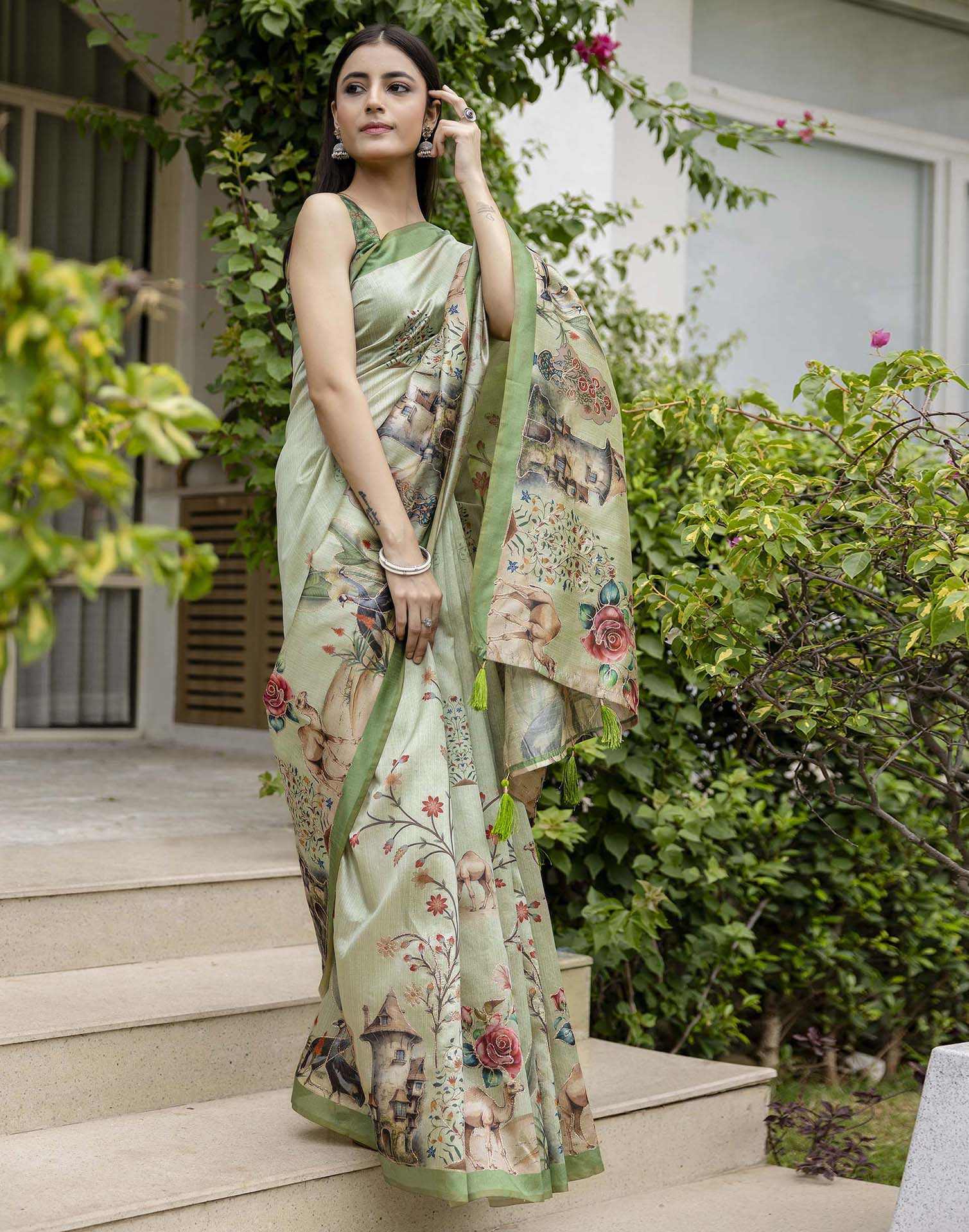 Dusty Green Tussar Silk Printed Saree