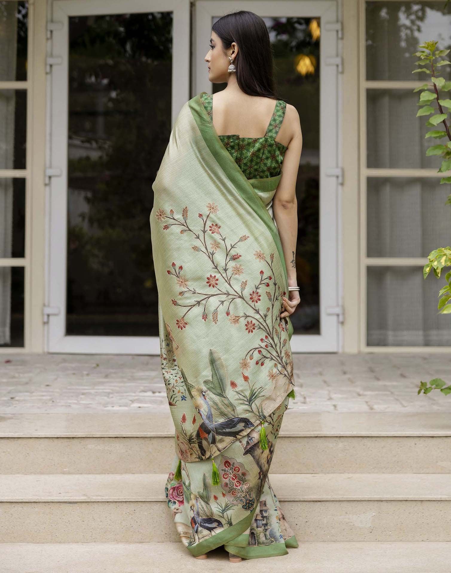 Dusty Green Tussar Silk Printed Saree