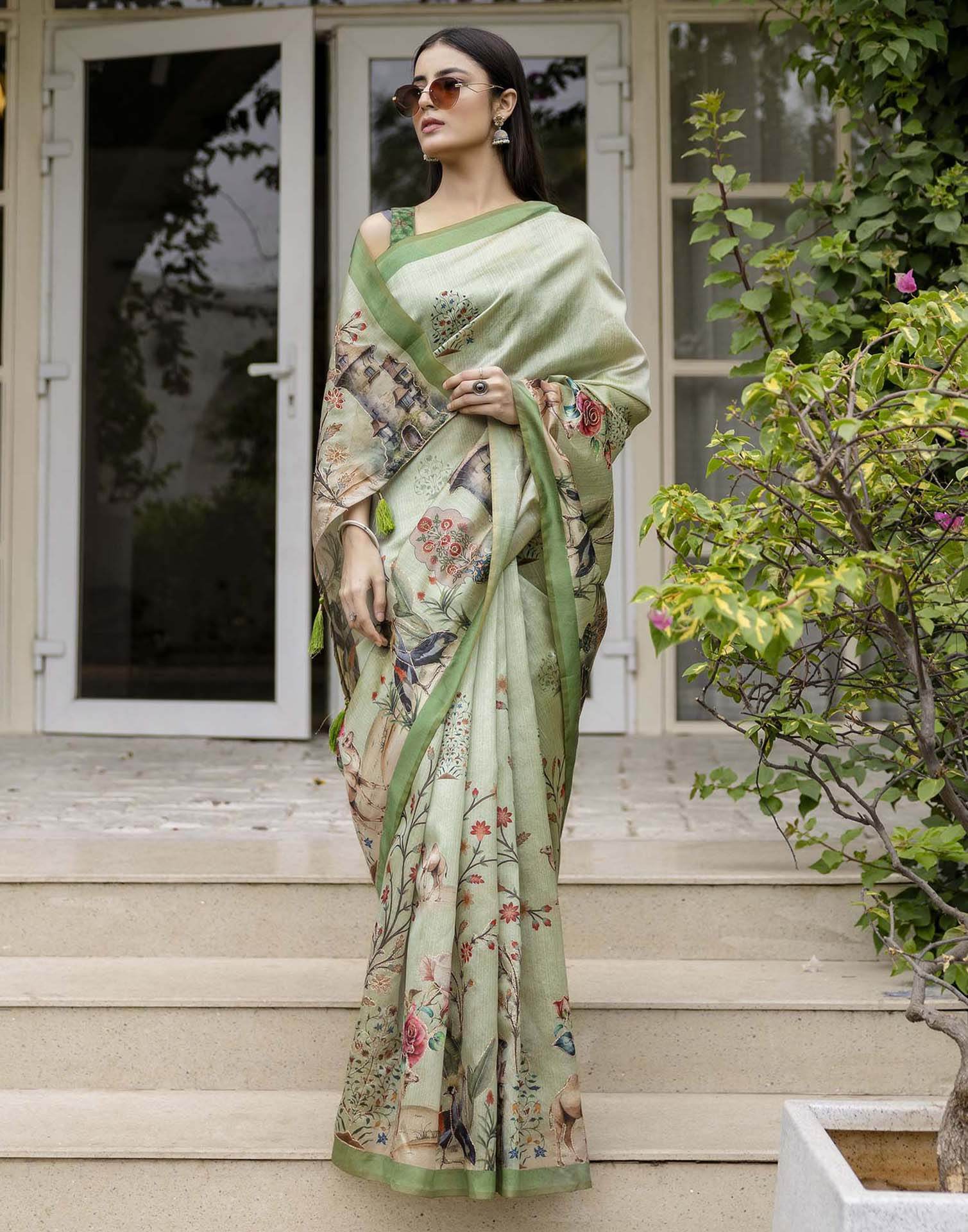 Dusty Green Tussar Silk Printed Saree