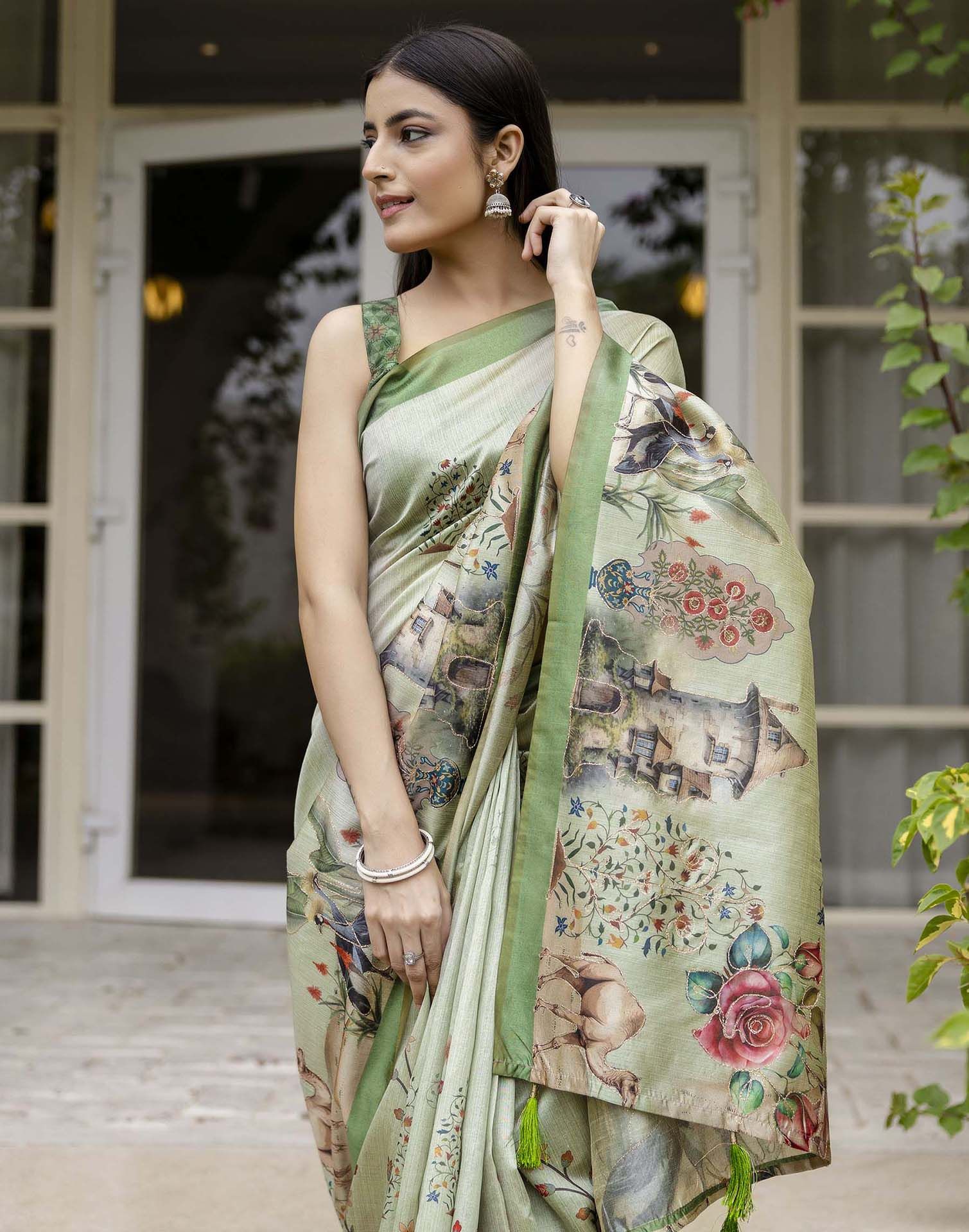 Dusty Green Tussar Silk Printed Saree