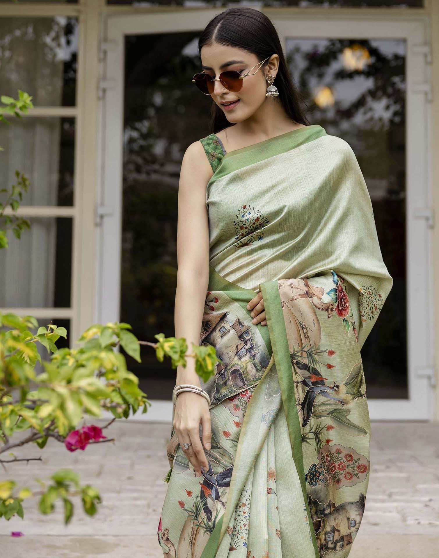 Dusty Green Tussar Silk Printed Saree