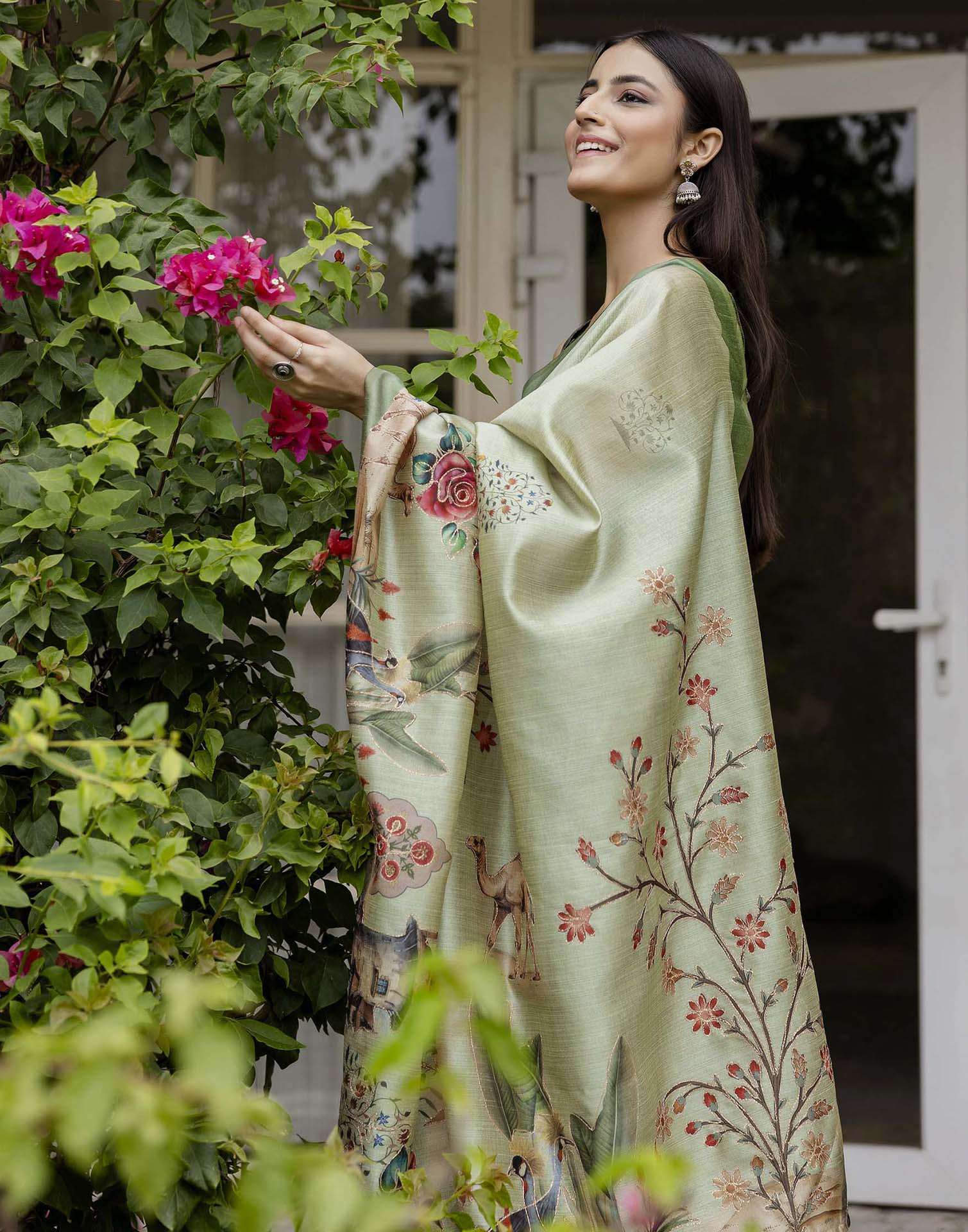 Dusty Green Tussar Silk Printed Saree