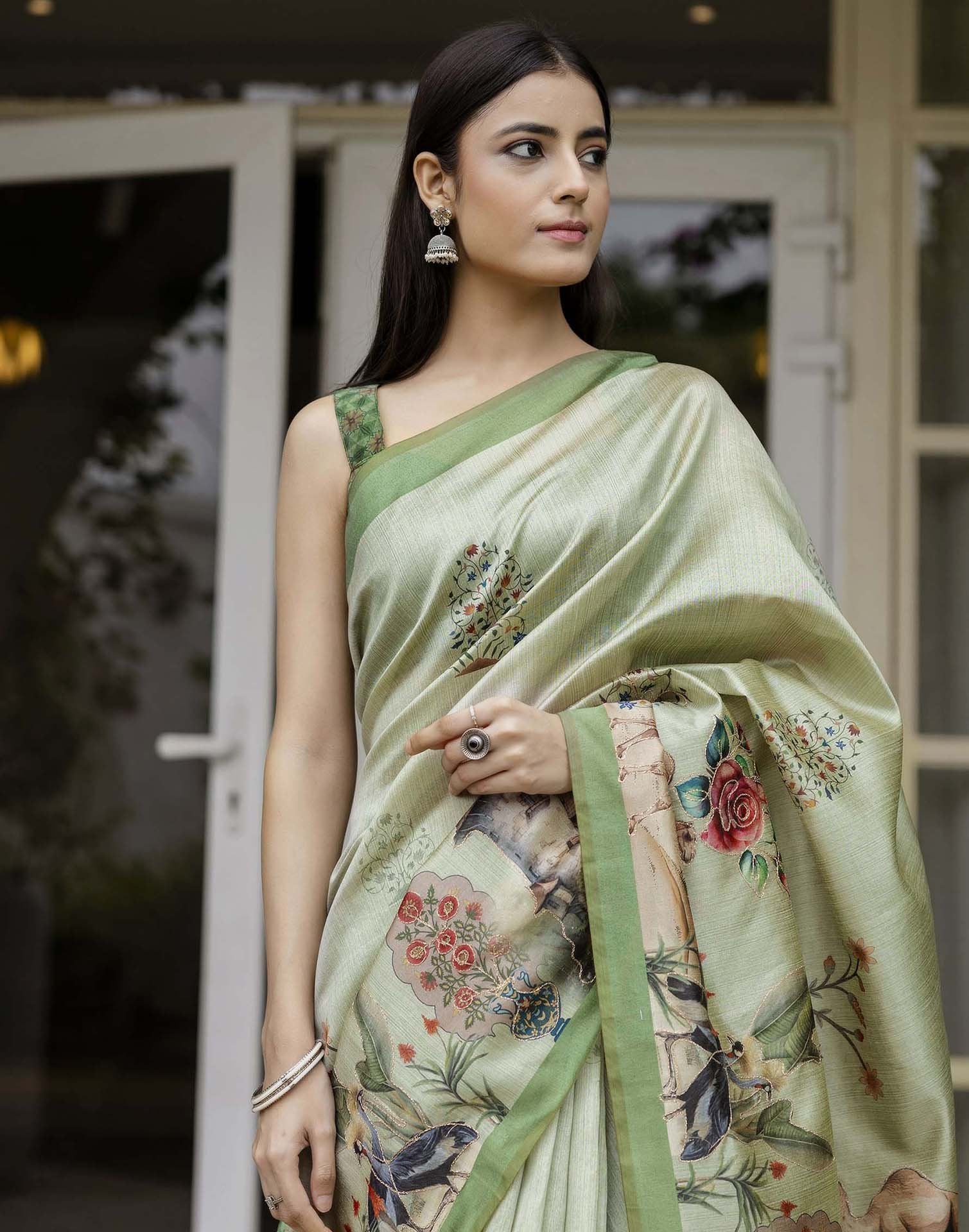 Dusty Green Tussar Silk Printed Saree